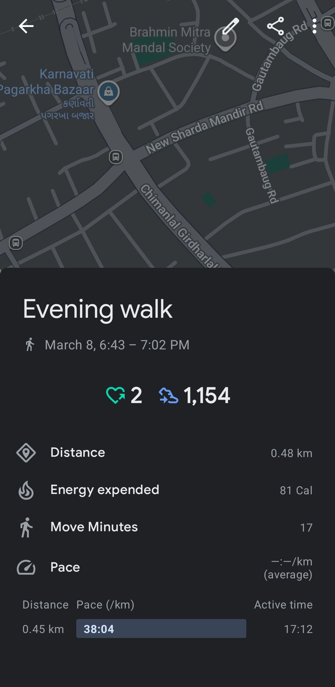 Google Fit Data از یک پیاده روی عصرانه