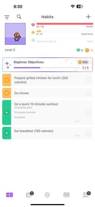 صفحه اصلی برنامه Habitica