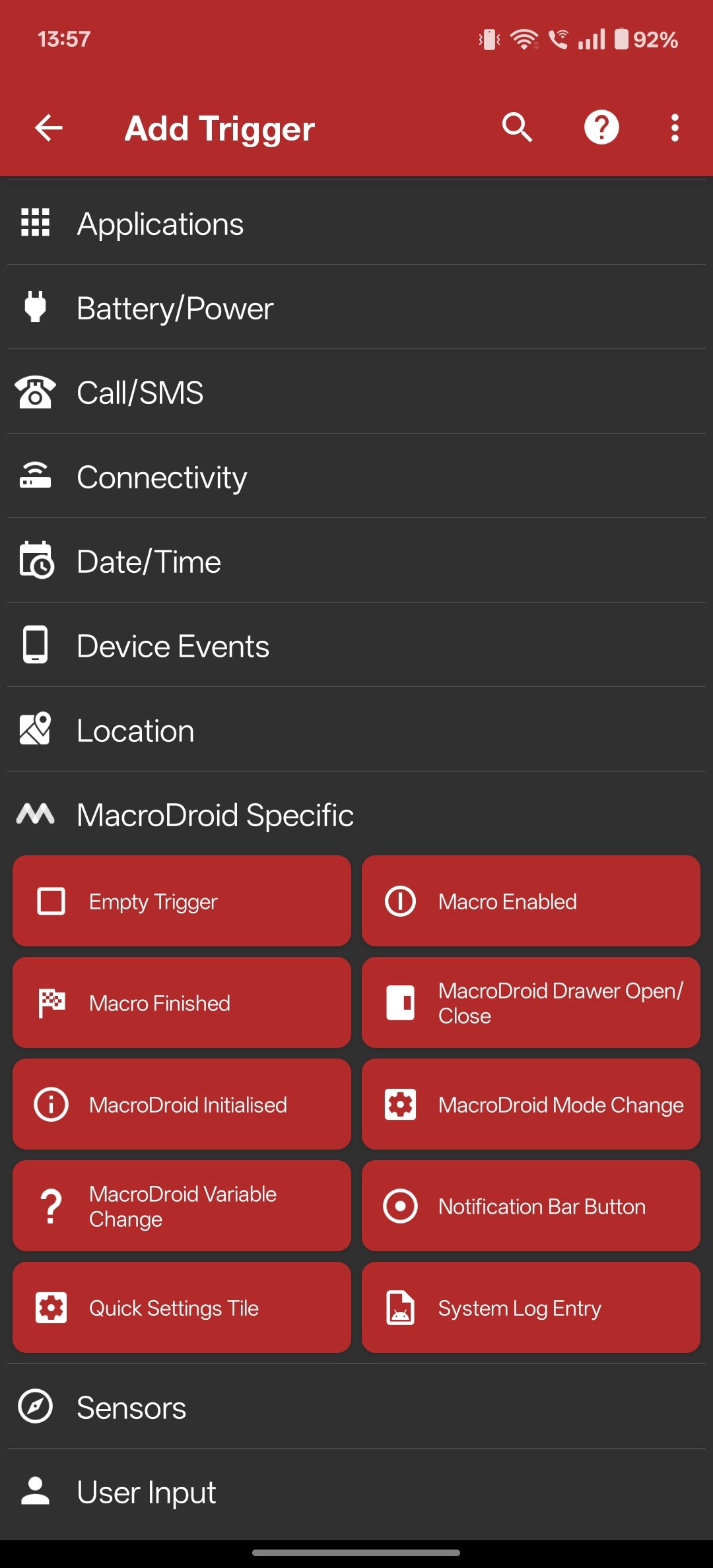 محرک های خاص Macrodroid در برنامه Macrodroid.