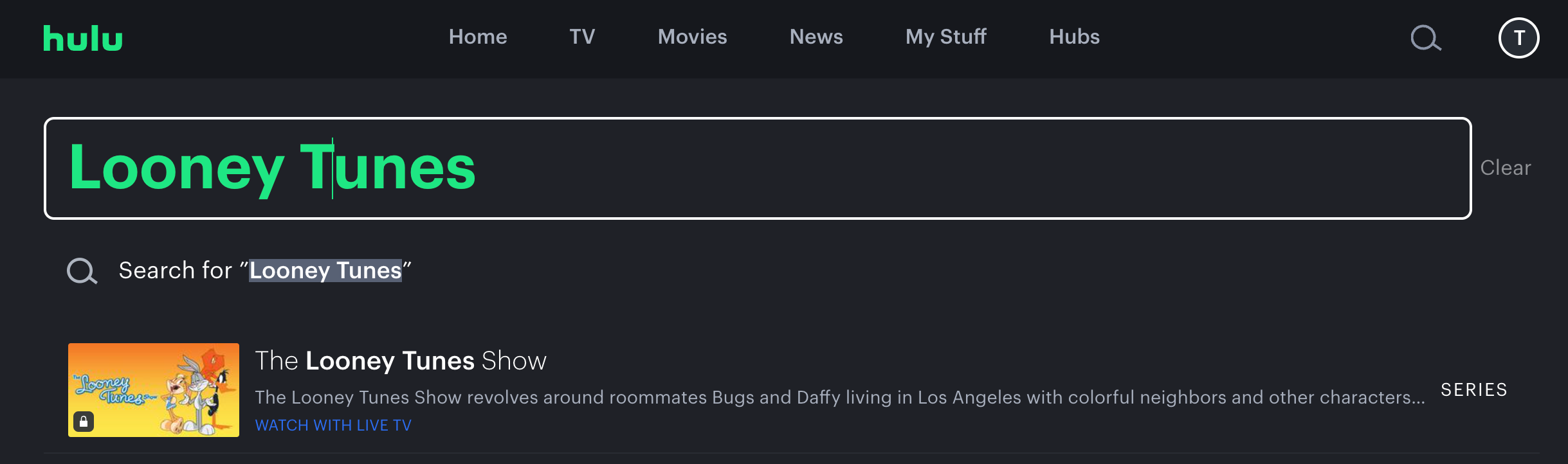 پنجره جستجوی Hulu با نمایش Looney Tunes