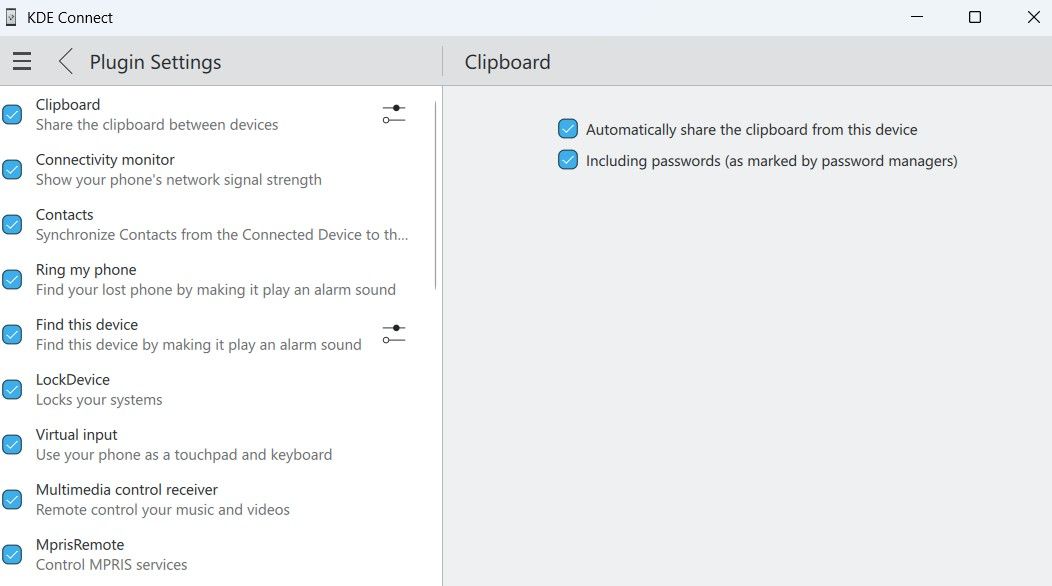 برنامه اتصال KDE در ویندوز که تنظیمات کلیپ بورد را نشان می دهد