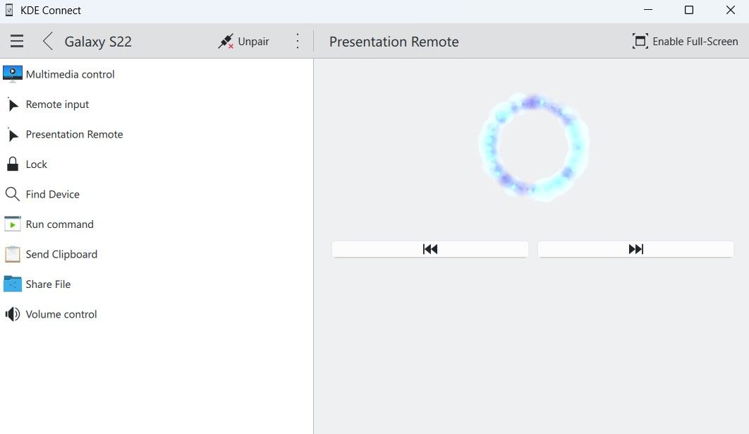 برنامه KDE Connect را در ویندوز نشان می دهد که حالت ارائه را نشان می دهد