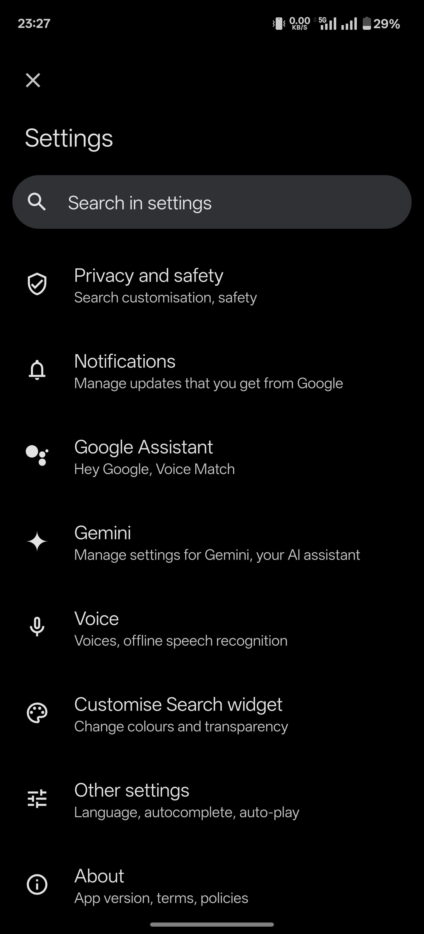 صفحه تنظیمات برنامه Google.