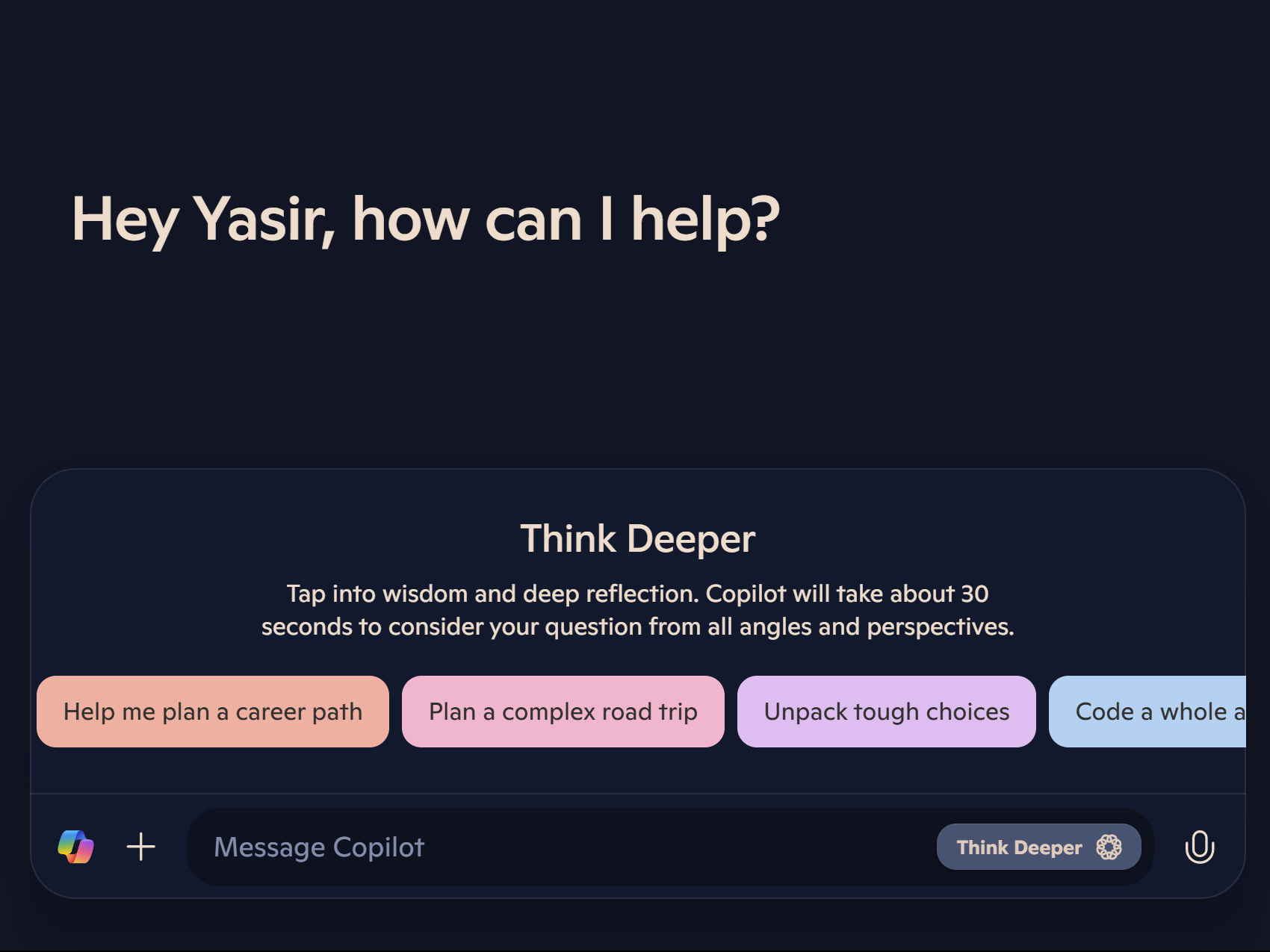 Microsoft Copilot با Think Deeper روشن شد