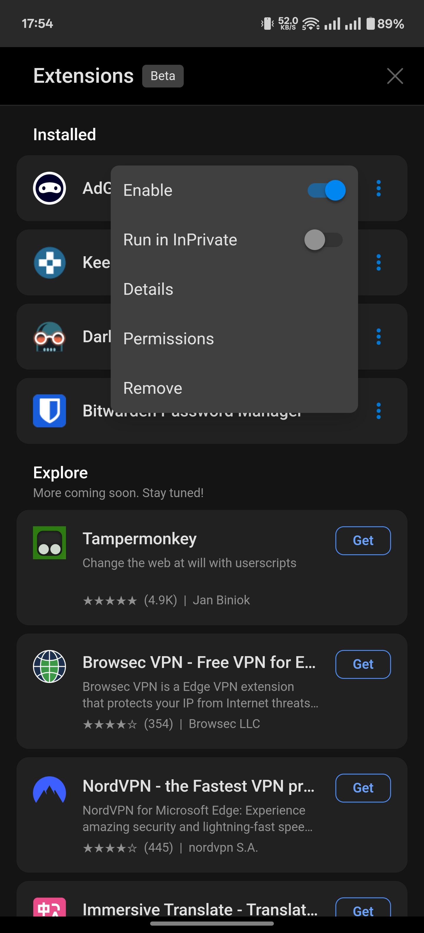 مدیریت یک پسوند نصب شده در Edge برای Android.