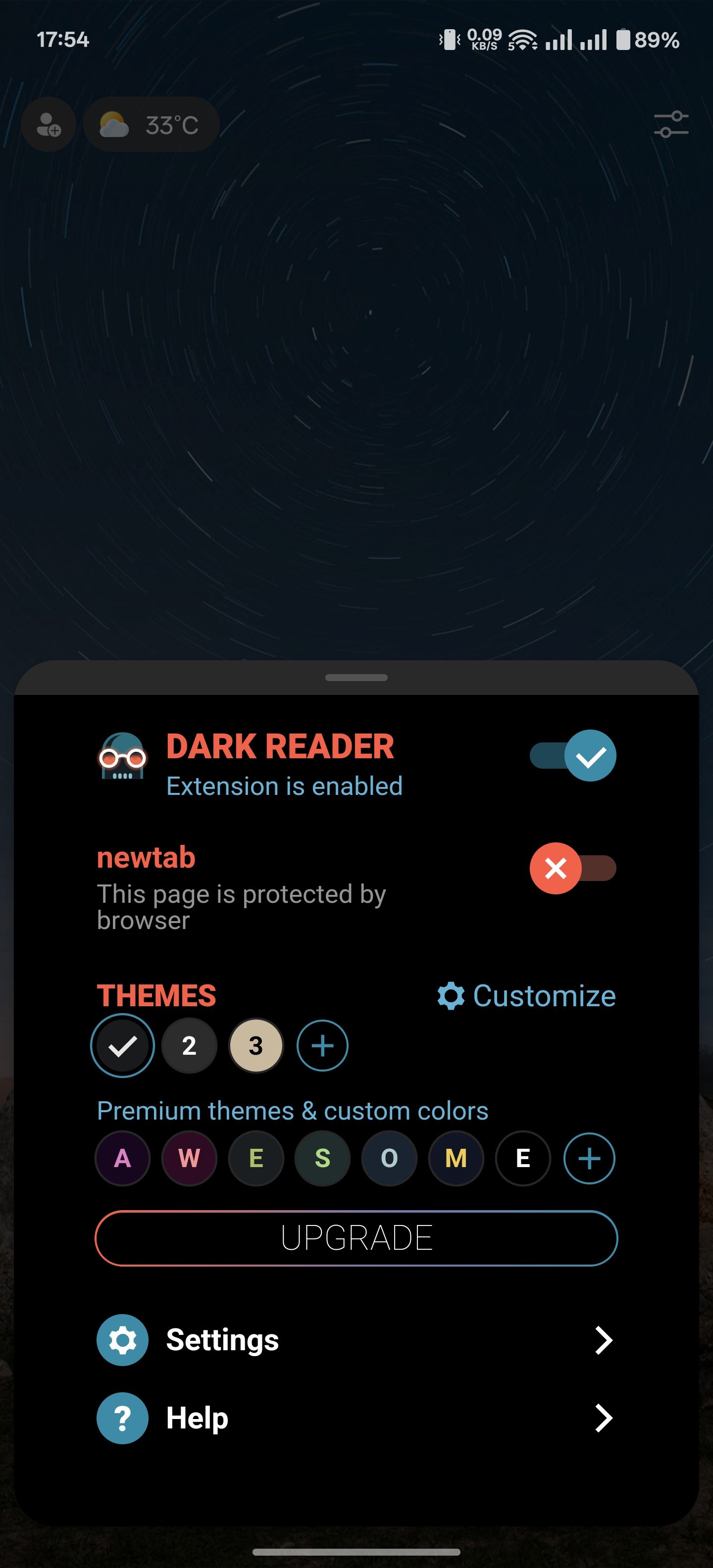 گزینه های سفارشی سازی برای پسوند Dark Reader در Edge for Android.