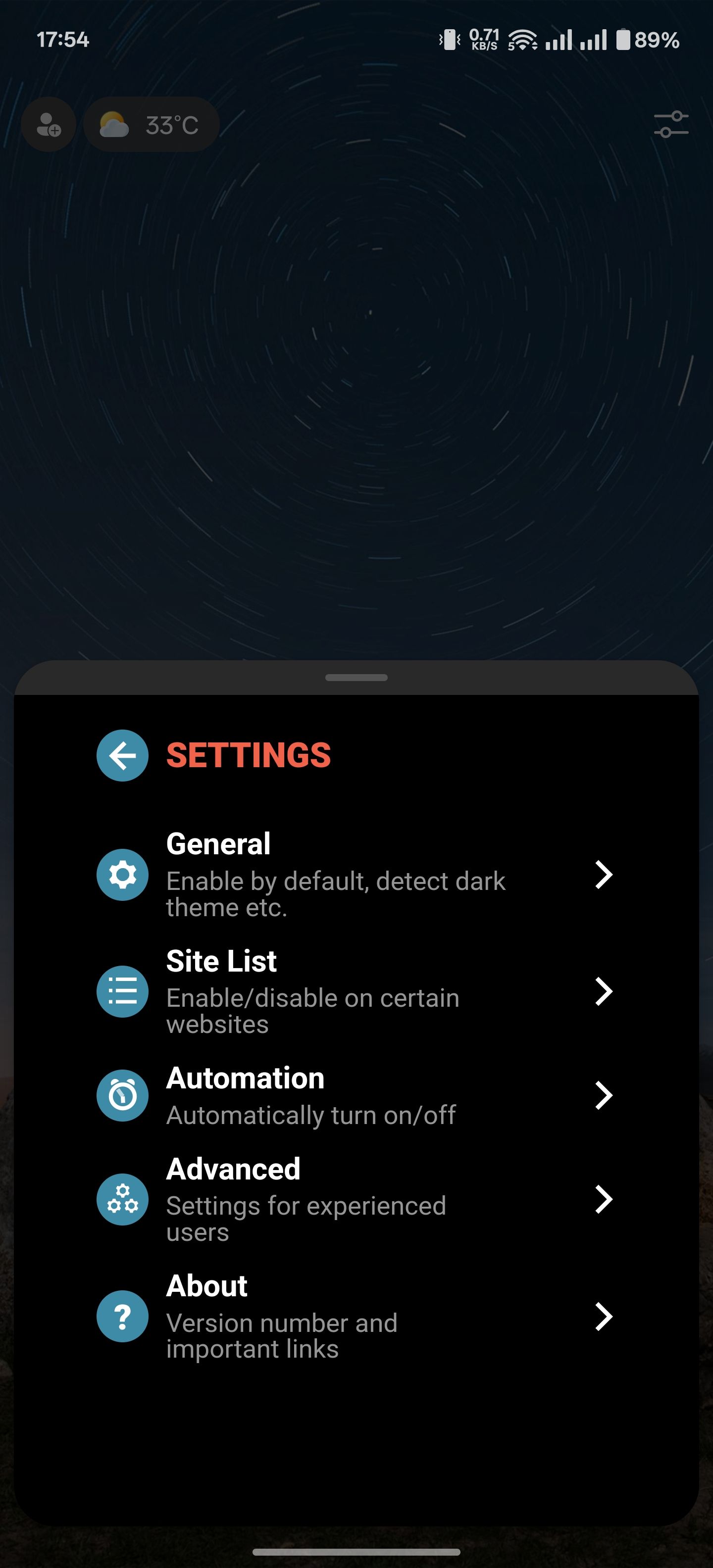 تنظیمات برای پسوند Dark Reader در Edge for Android.