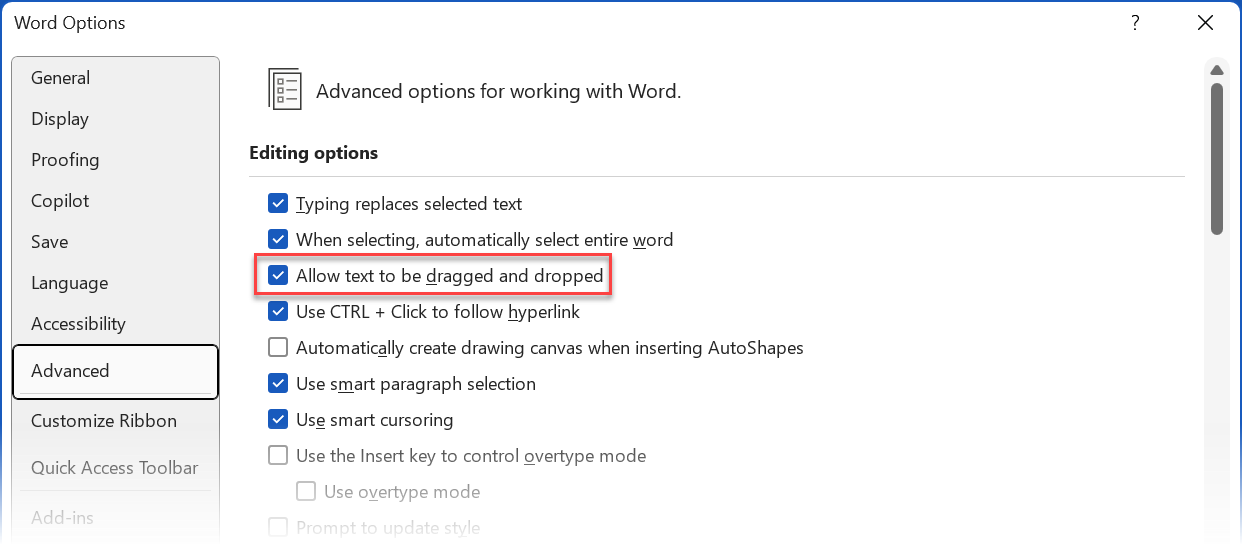 Microsoft Word Drag-Drop تنظیم در گزینه های Word
