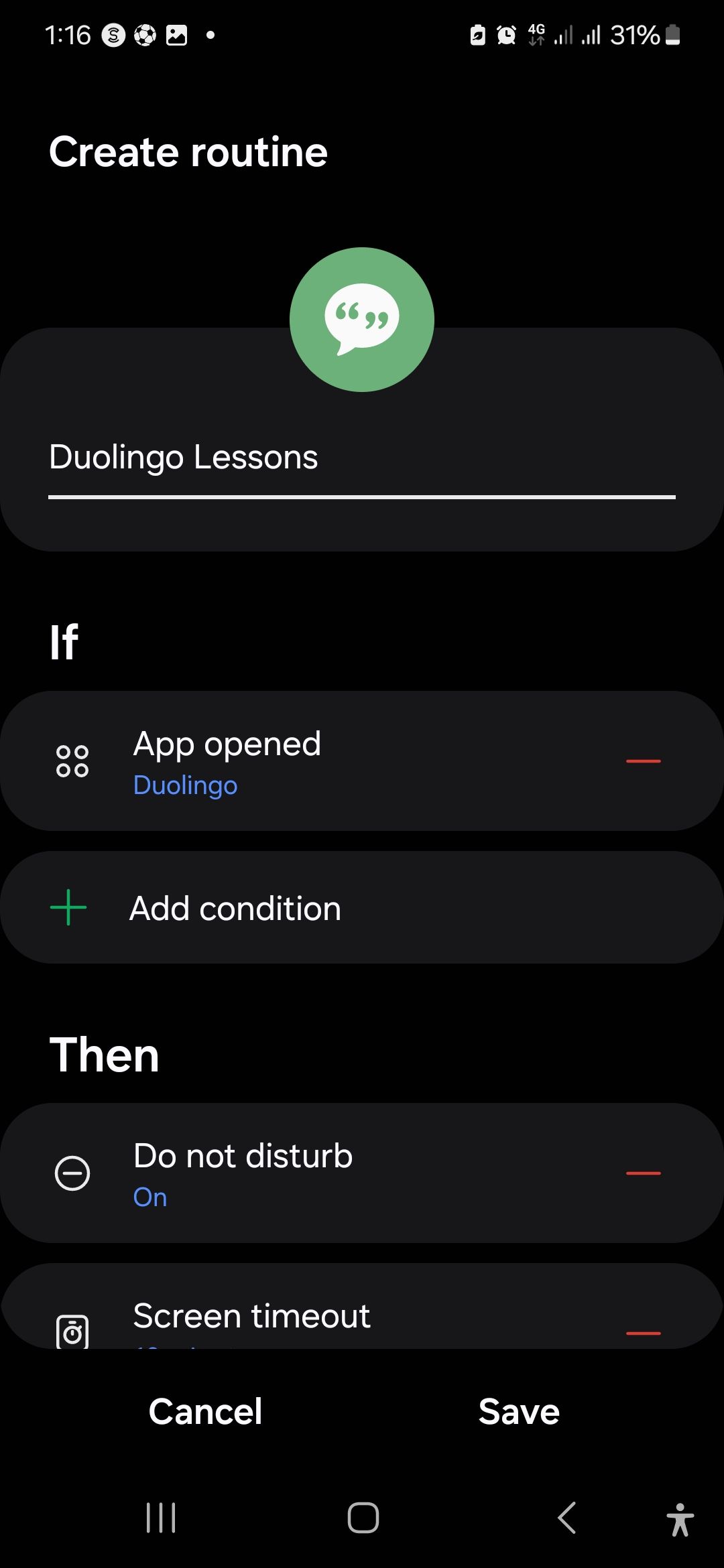 صفحه تنظیمات روتین دروس Duolingo من در دستگاه سامسونگ من