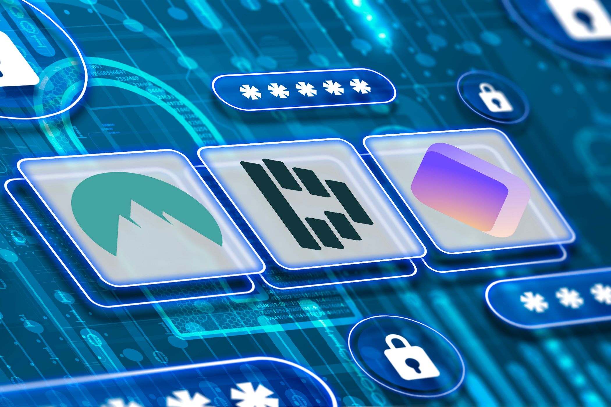 آرم های Nordpass ، Dashlane و Proton با رمزهای عبور و قفل در اطراف آنها عبور می کنند.