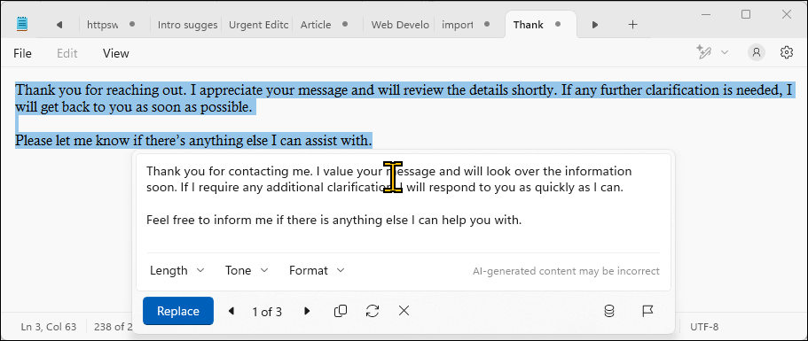 Notepad AI ویژگی بازنویسی در عمل