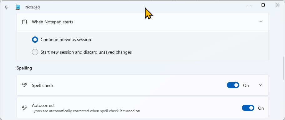 تنظیمات دفترچه یادداشت برای فعال یا غیرفعال کردن Autosave باز است