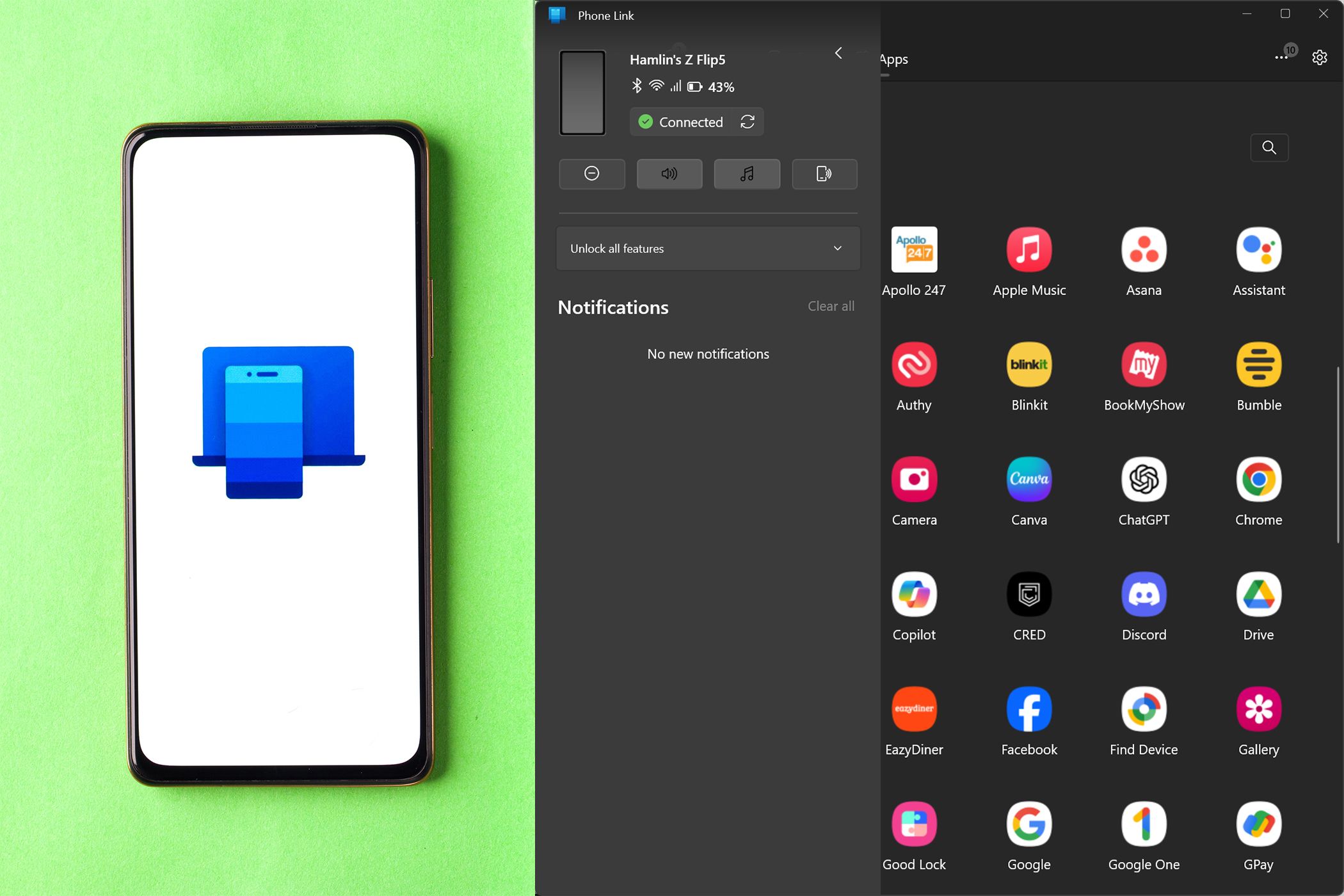 نماد برنامه پیوند تلفن در تلفن Android در کنار رابط پیوند تلفن در ویندوز
