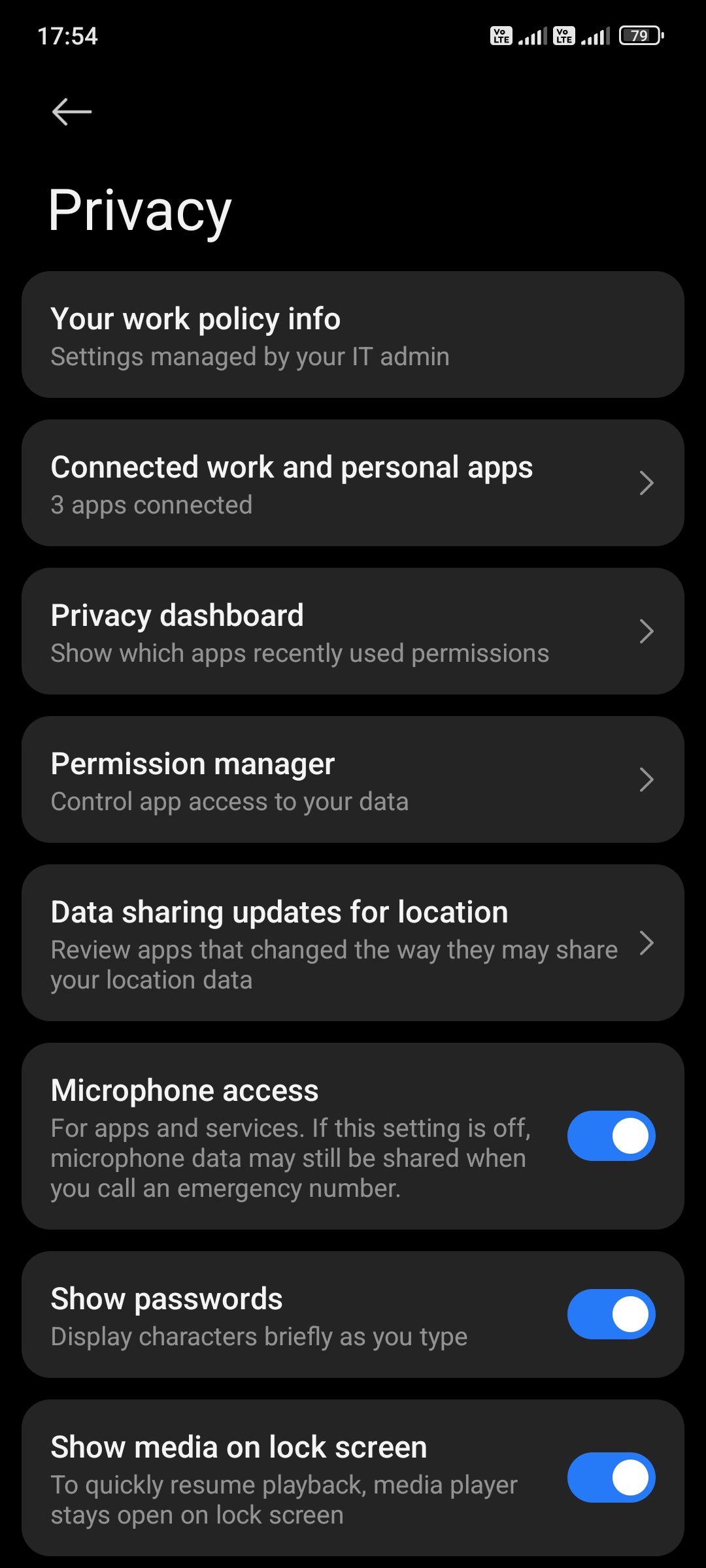 تنظیمات حریم خصوصی در Android که مدیر مجوزها را نشان می دهد