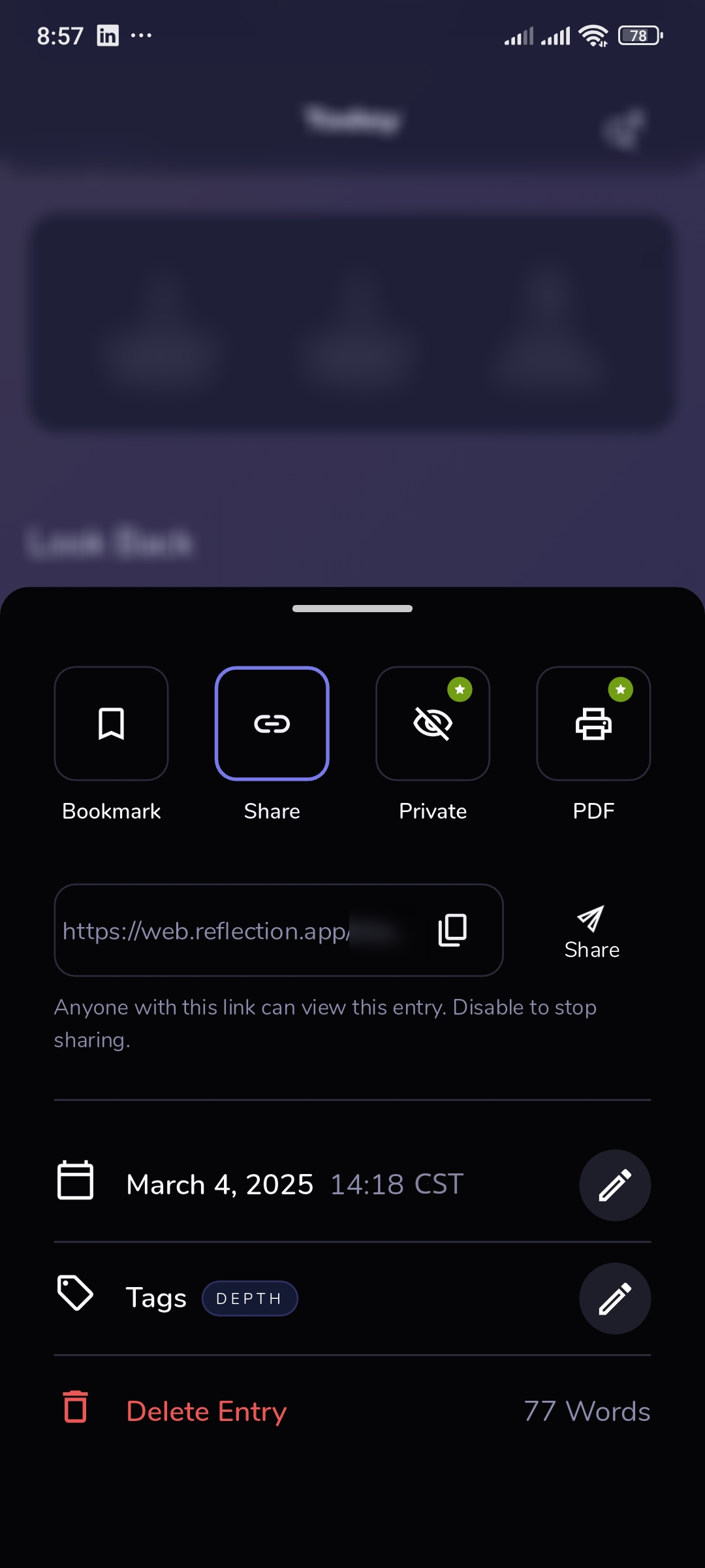 reflection.app نشان دادن لینک اشتراک خصوصی برای راهنما.