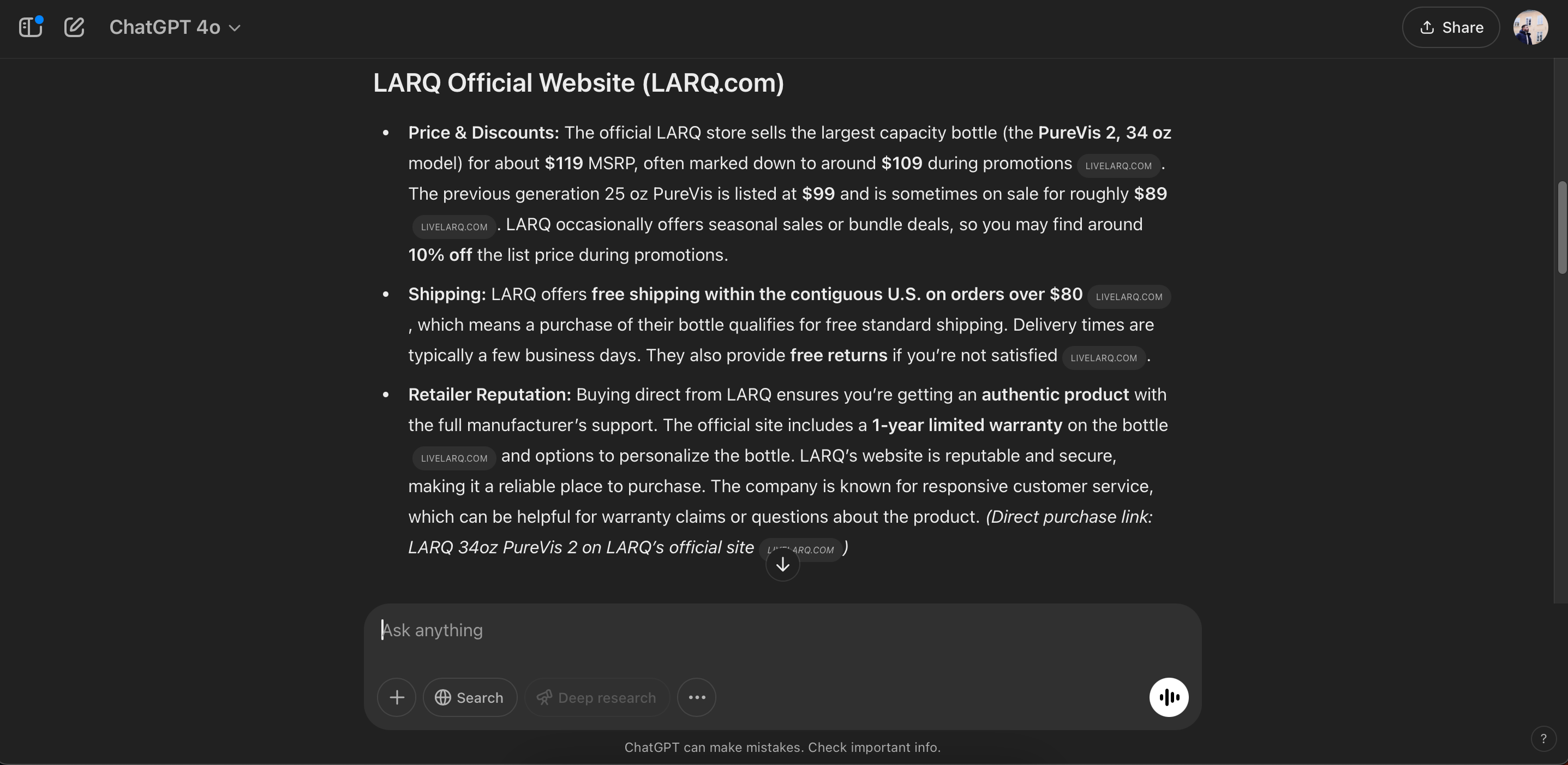 مقایسه قیمت ها در برنامه chatgpt