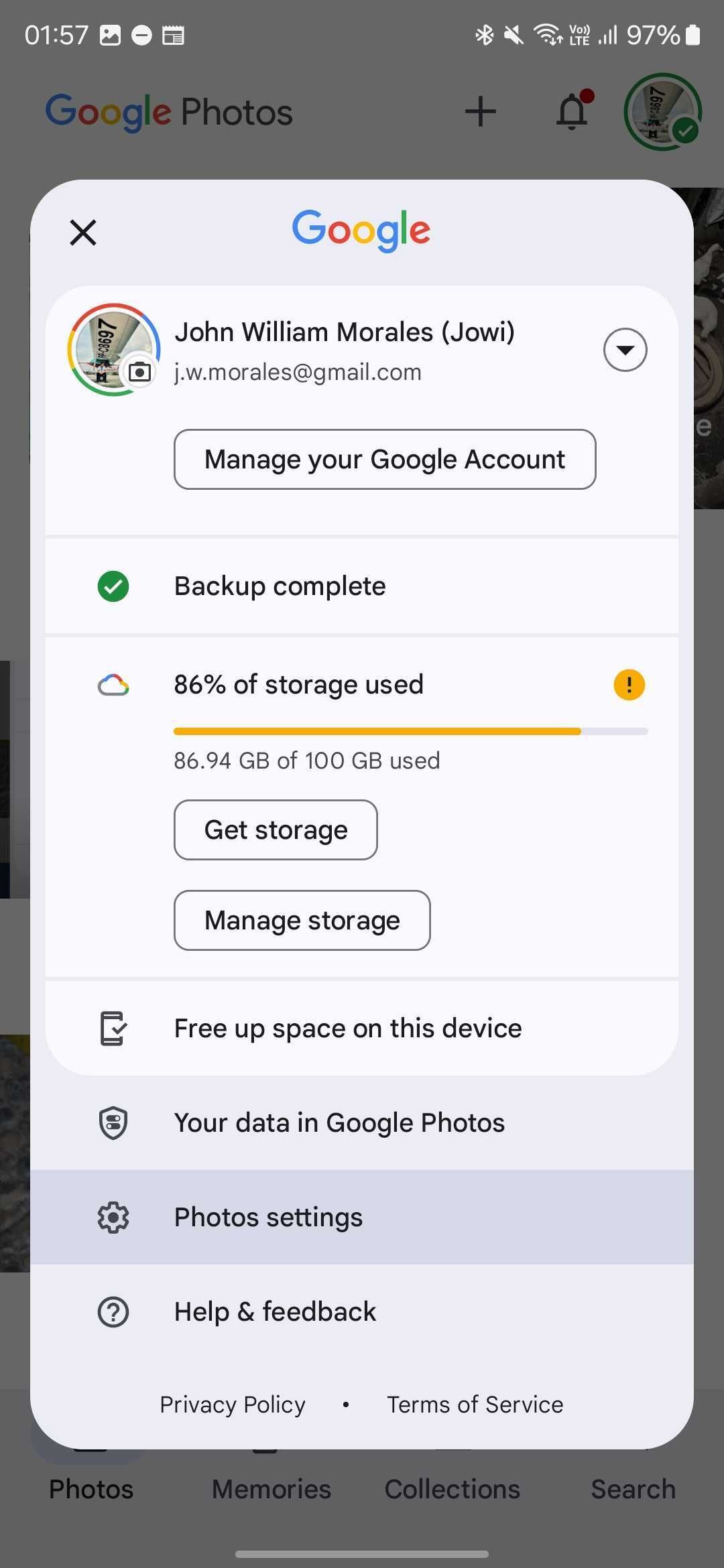 منوی تنظیمات عکس عکس Google