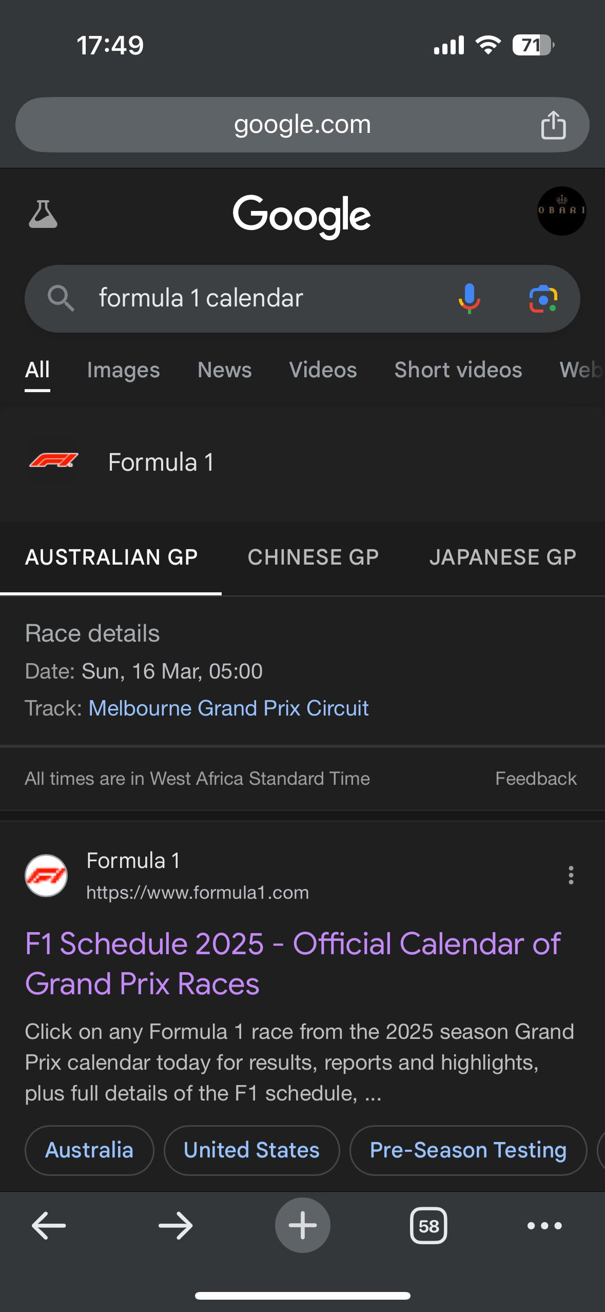 در جستجوی Google برای تقویم F1