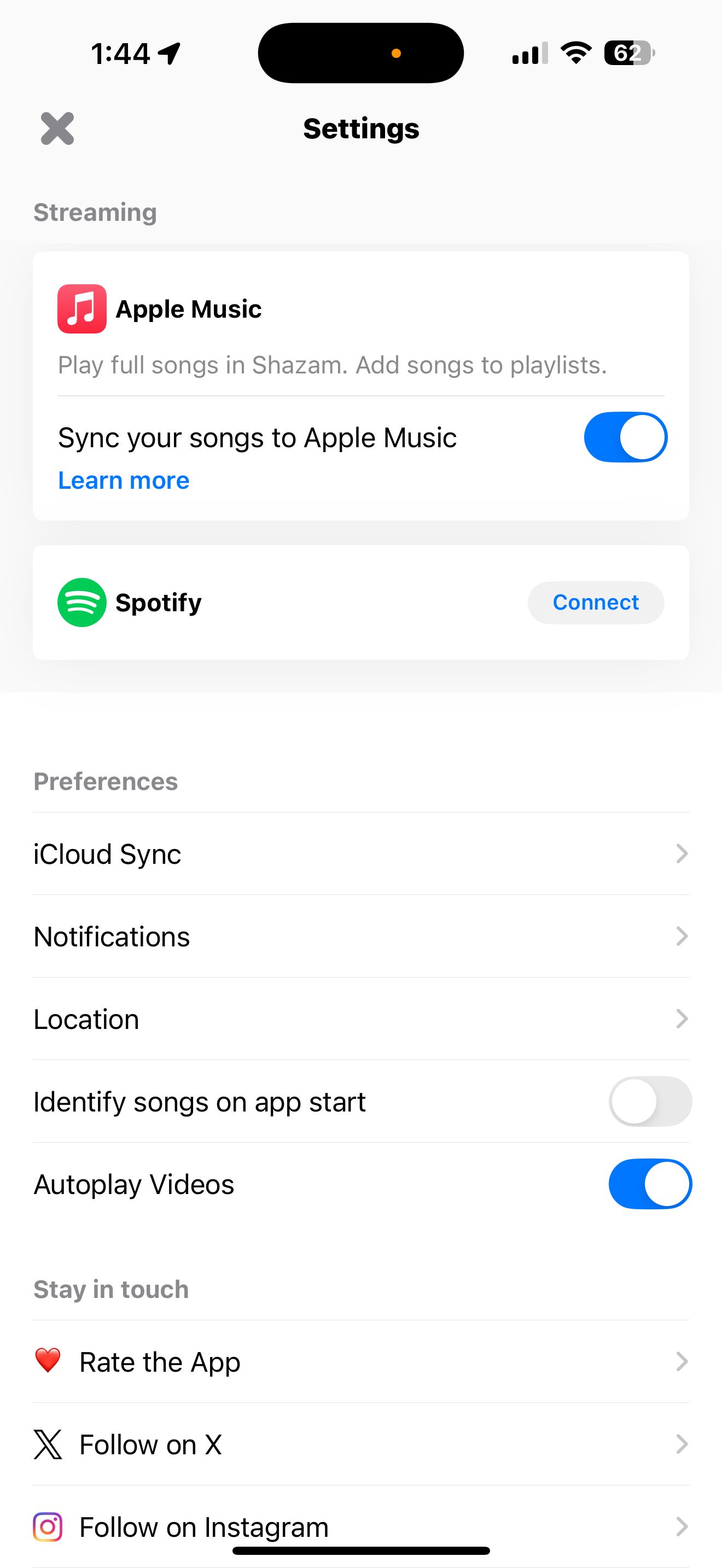 تنظیمات برنامه Shazam