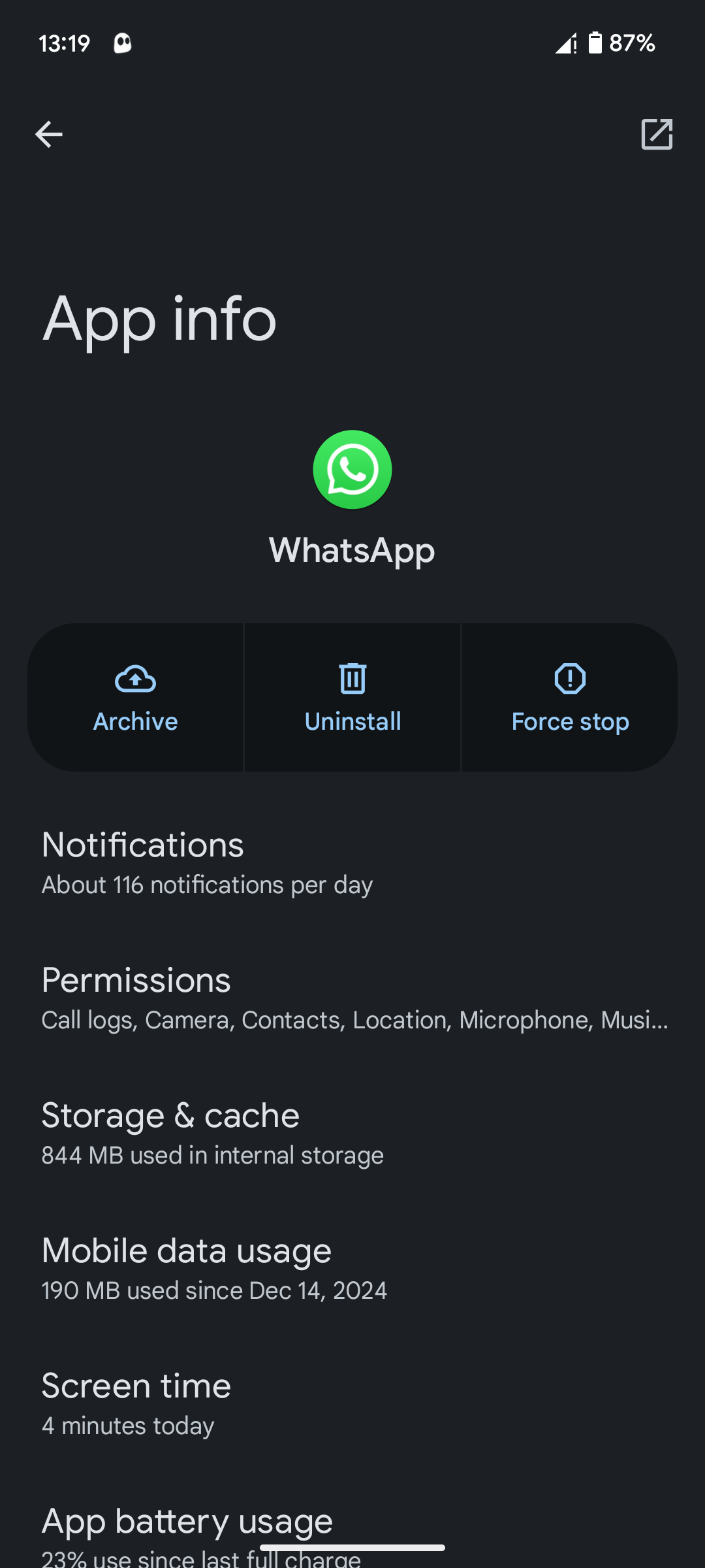 مشاهده صفحه مدیریت برنامه برای WhatsApp Android