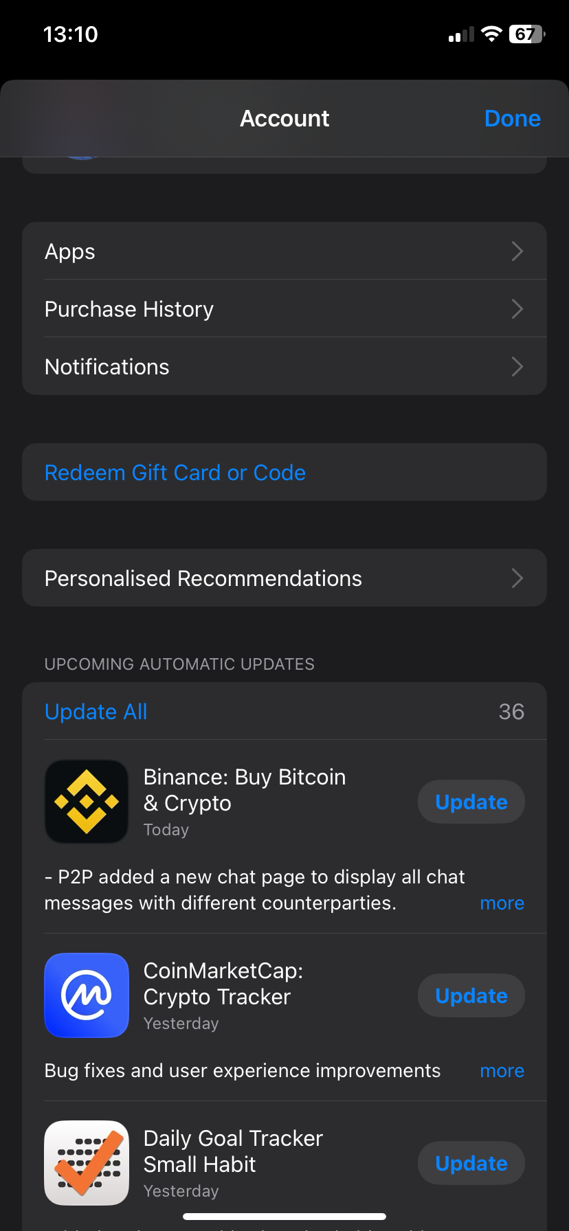 مشاهده لیست به روزرسانی برنامه های موجود در فروشگاه App