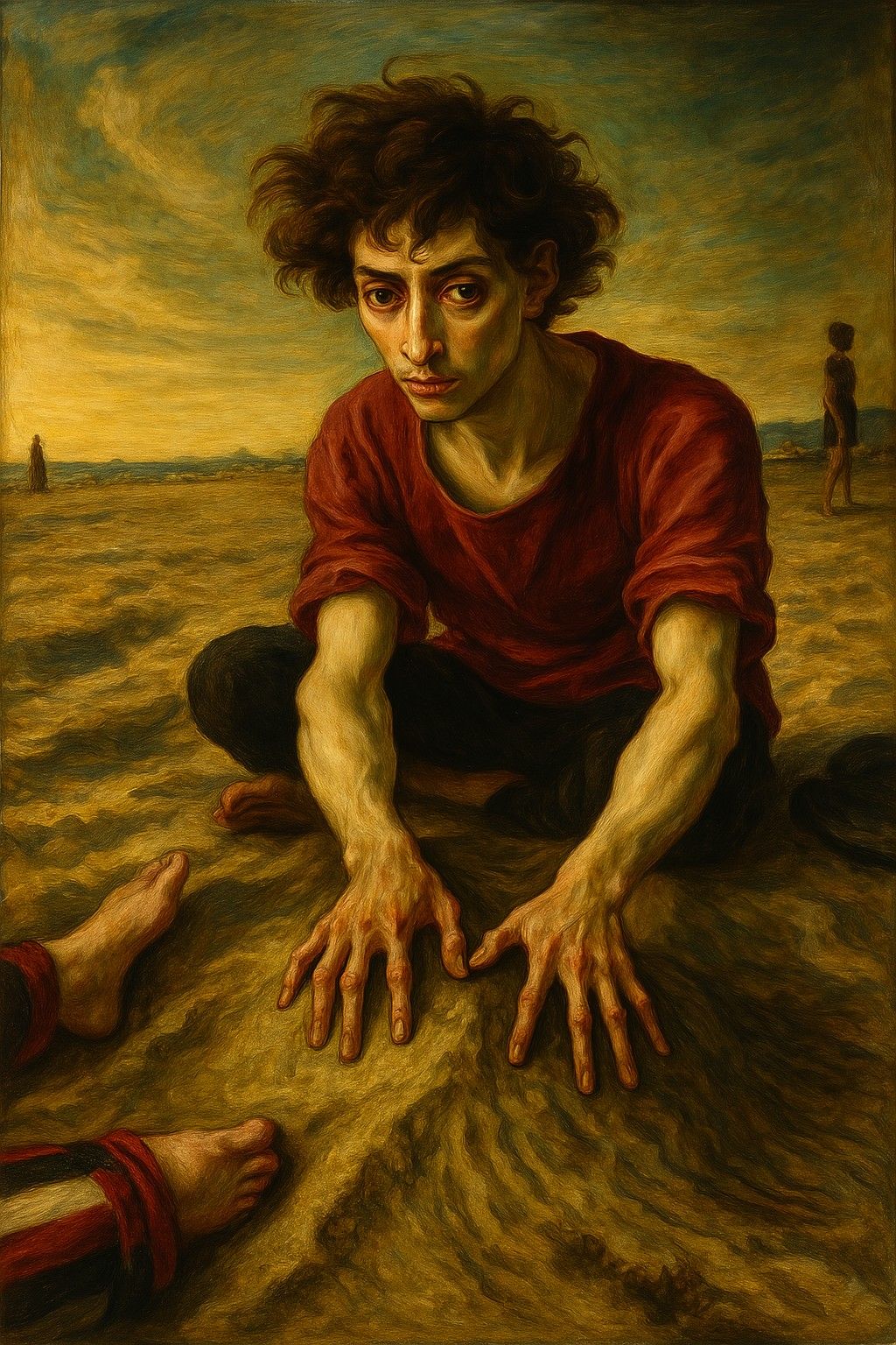 یک نقاشی Madeist که مردی را که در ساحل نشسته است نشان می دهد