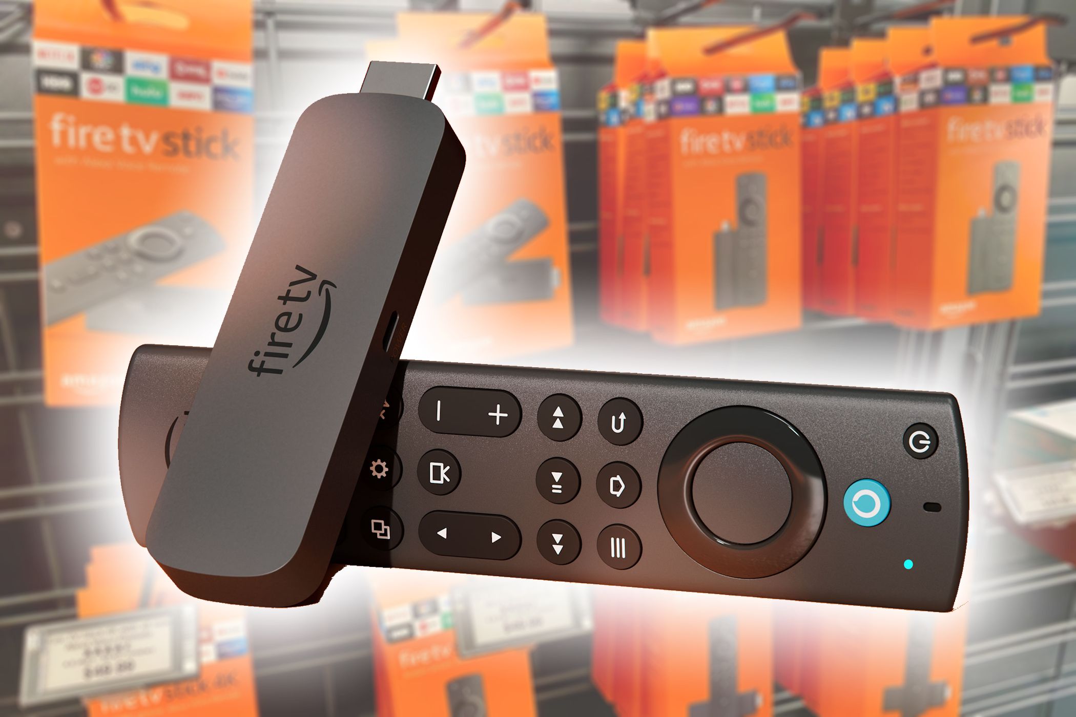 Amazon Fire Stick 4K Max با پس زمینه جعبه های چوب آتش
