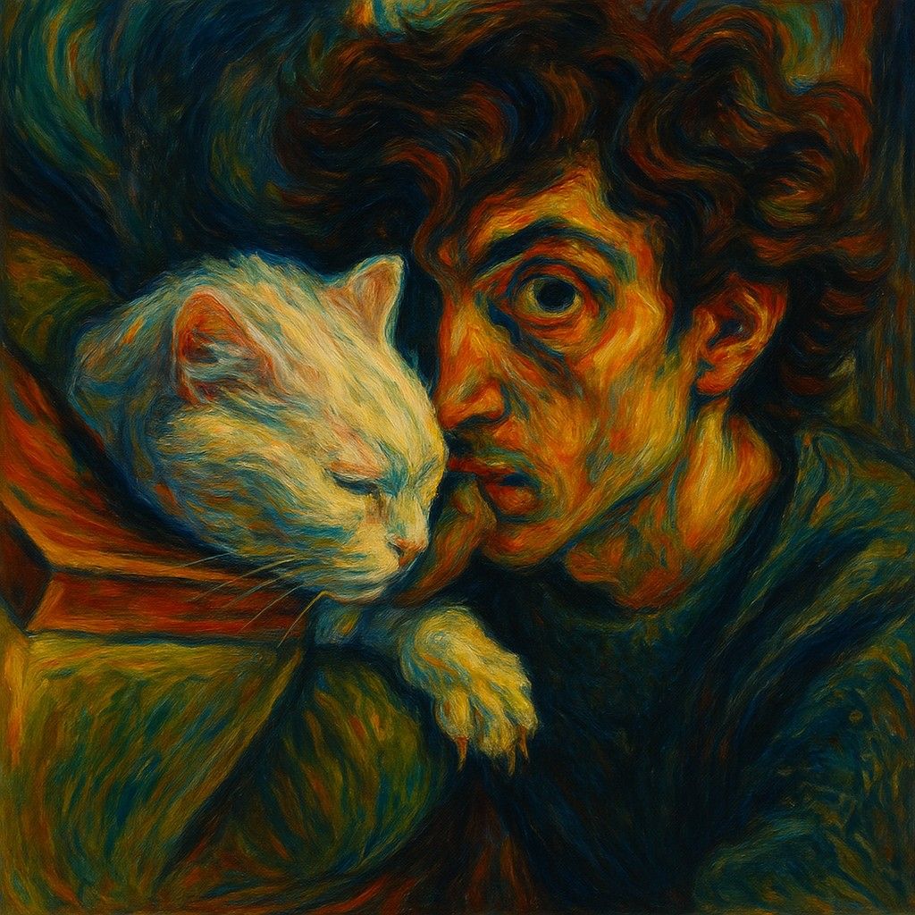 یک نقاشی اکسپرسیونیستی یک مرد با گربه سفید