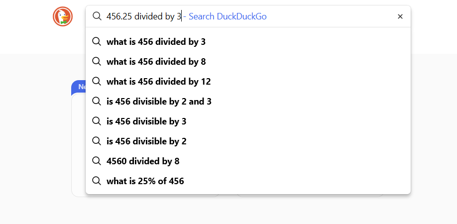 محاسبه تقسیم با استفاده از duckduckgo