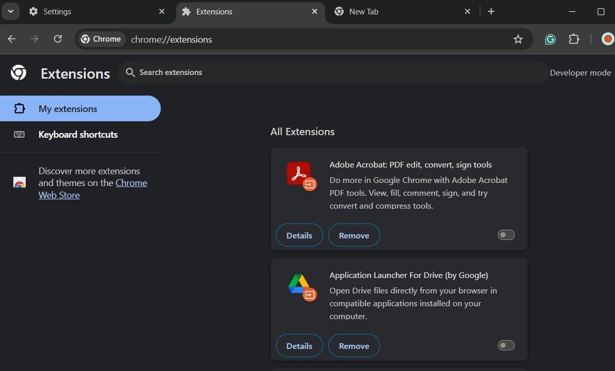 منوی پسوند در Google Chrome