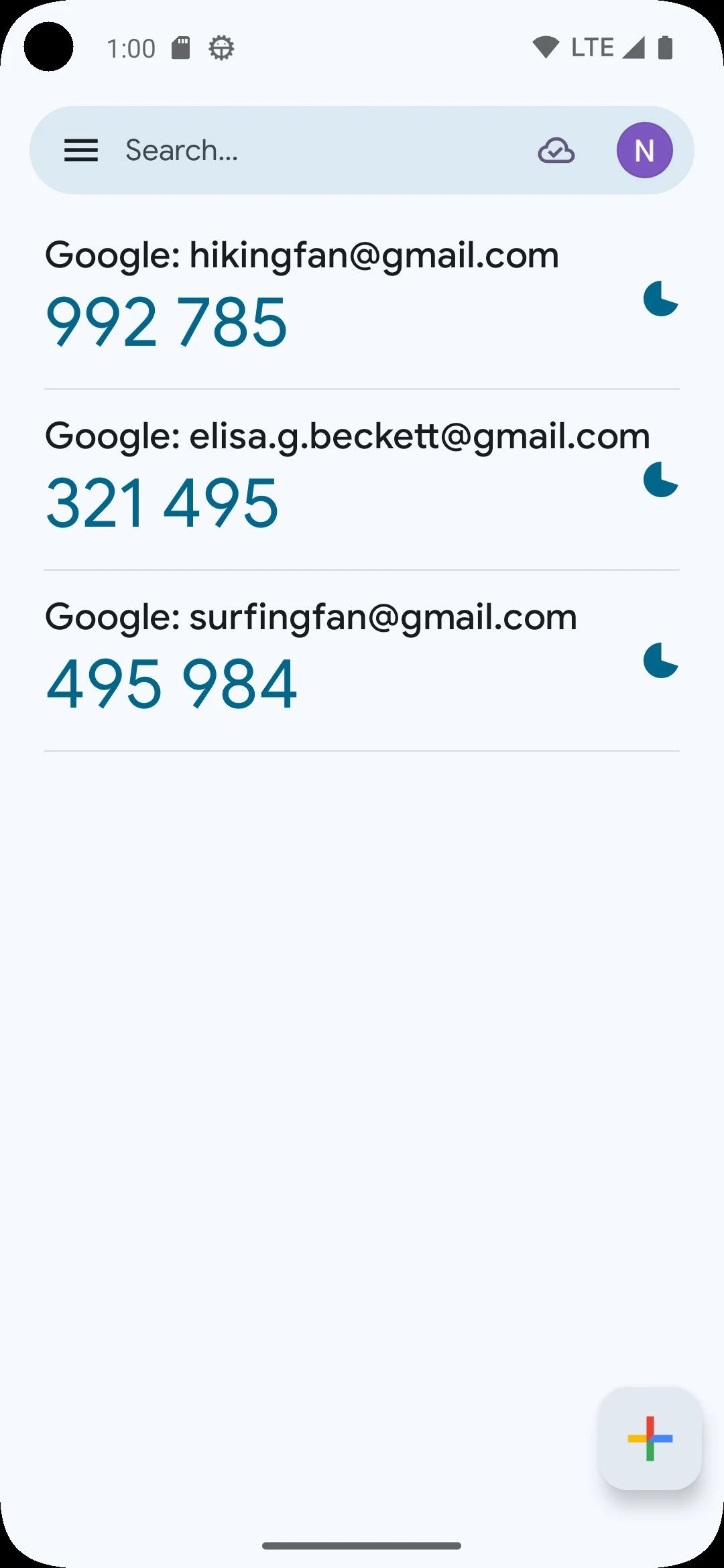 برنامه Authenticator Google کدهای موجود در Android را نشان می دهد