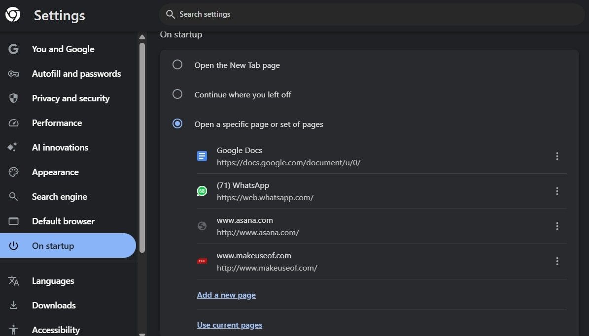 منوی تنظیمات راه اندازی Google Chrome در رایانه