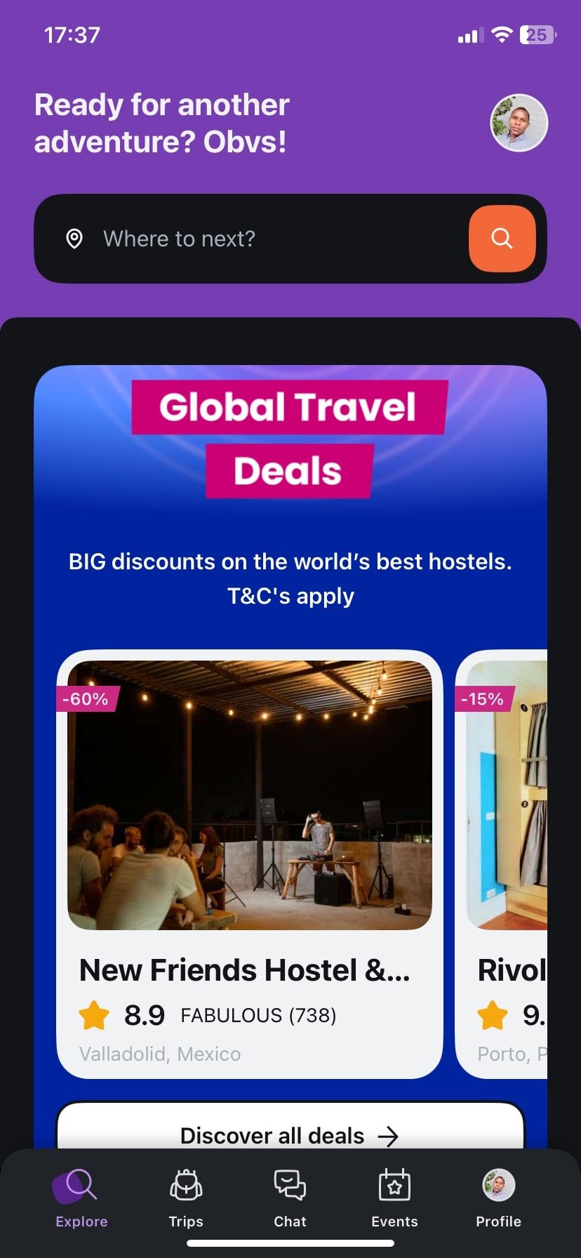 صفحه اصلی برنامه HostelWorld