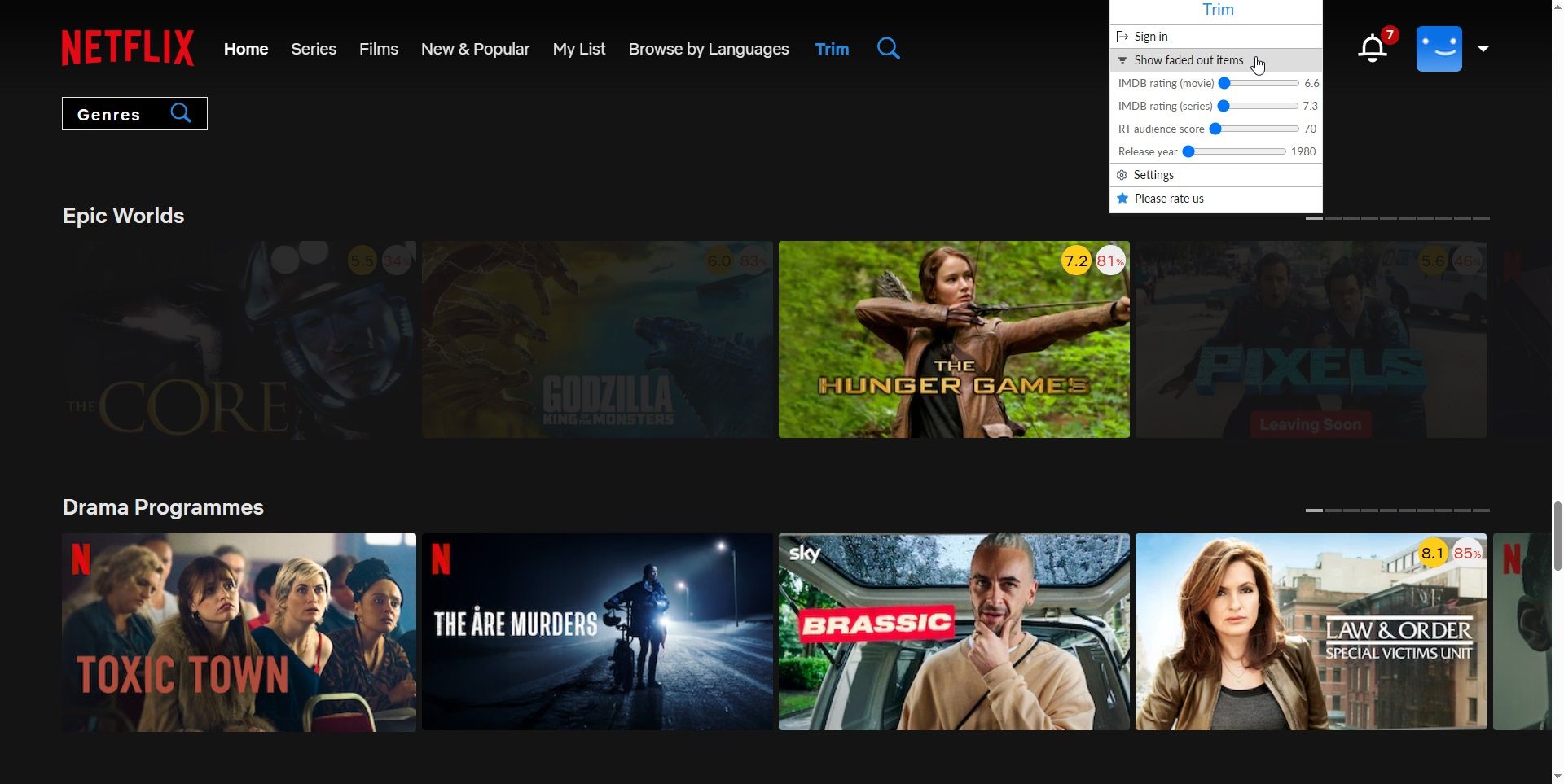 Netflix Trim Chrome با گزینه های فیلم محو شده.