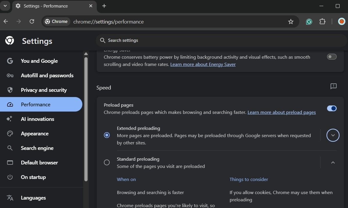 برگه عملکرد در Chrome که گزینه Preload Pages را نشان می دهد