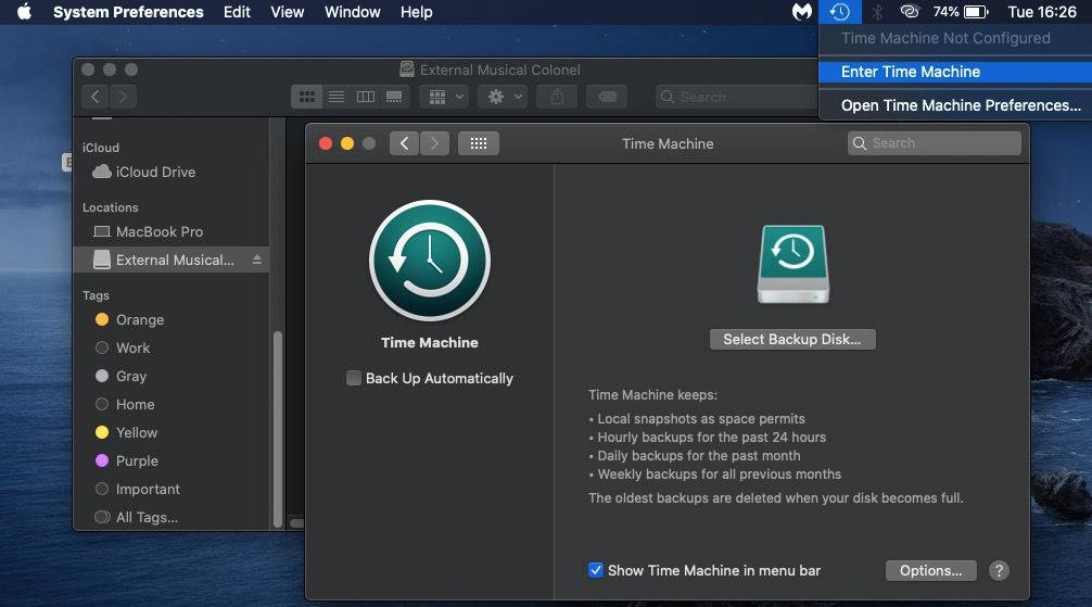 پنجره Time Machine و منوی پاپ پایین در Mac