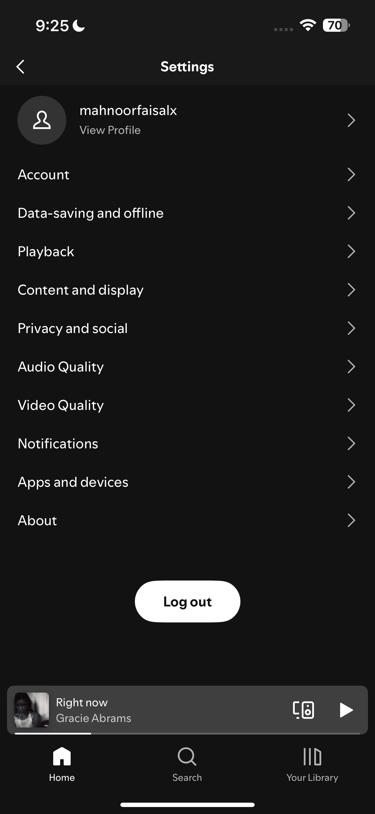 صفحه تنظیمات Spotify در آیفون