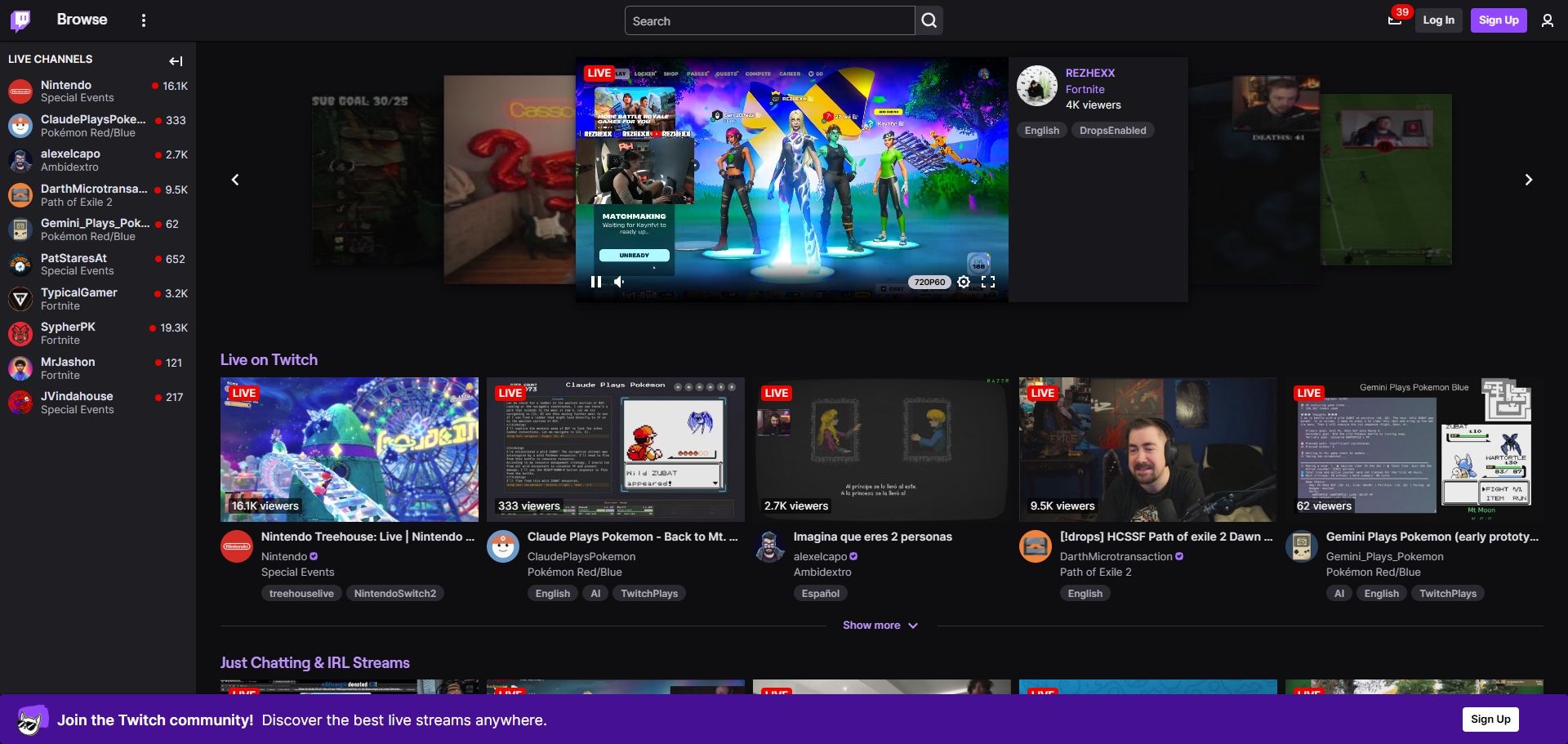 صفحه اصلی Twitch با گزینه های جریان مه 2025