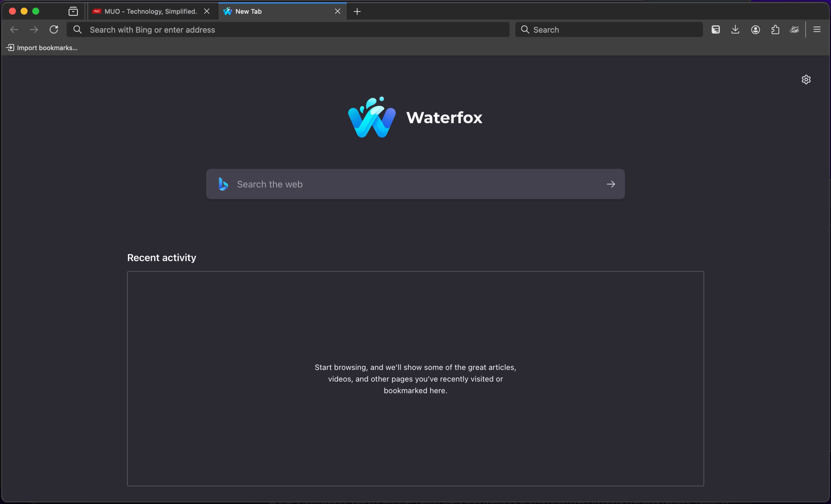 برگه جدید مرورگر Waterfox در Mac