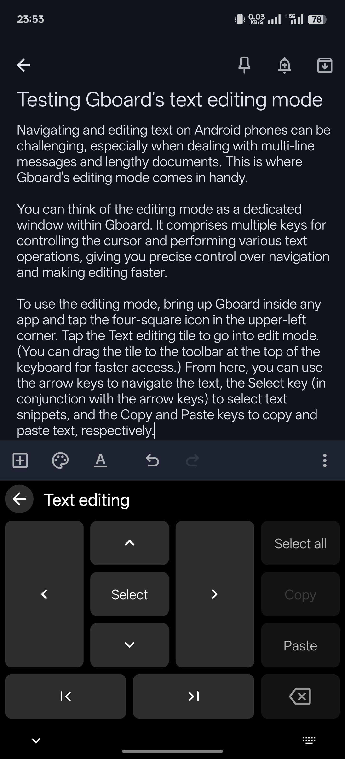 با استفاده از حالت ویرایش Gboard در برنامه Keep در تلفن Android برای حرکت و ویرایش متن.