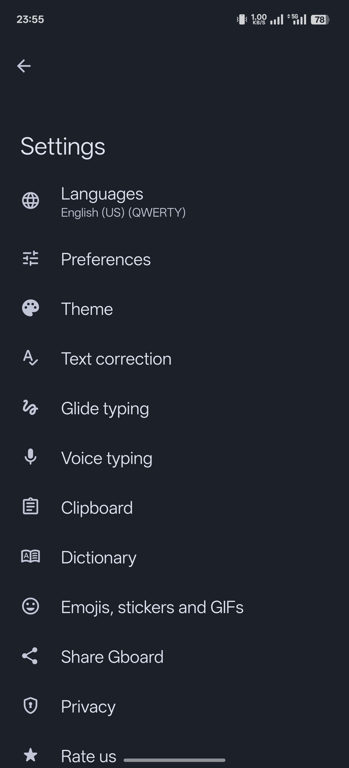 انتخاب گزینه فرهنگ لغت در تنظیمات Gboard.
