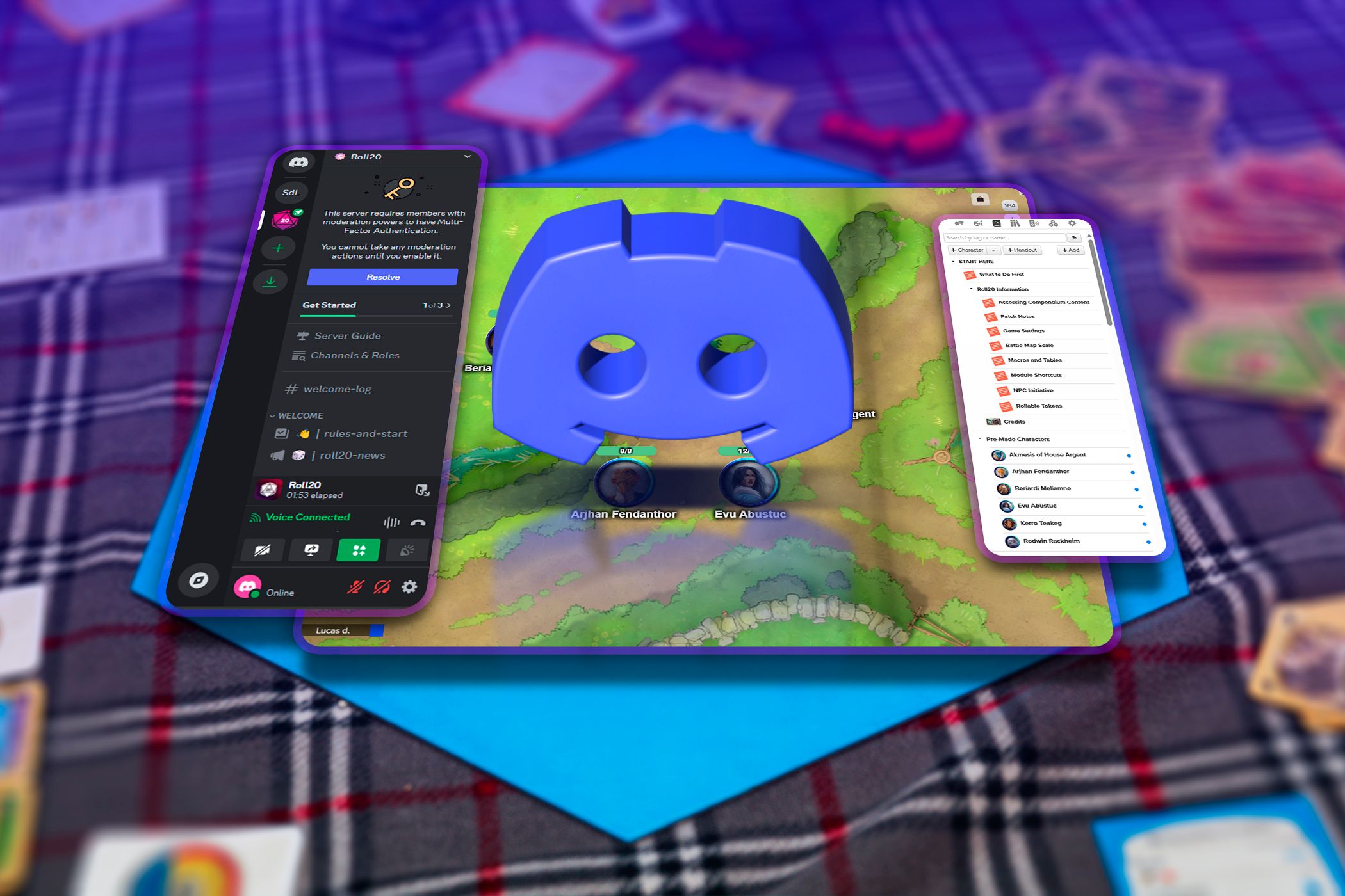 یک بازی تخته ای با یک تصویر از یک بازی در Discord و آرم Discord در مرکز.
