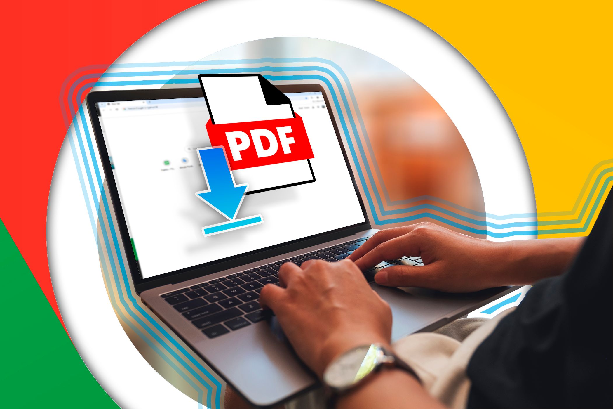 یک لپ تاپ با Chrome Open ، PDF و نماد بارگیری در مقابل صفحه و آرم Chrome در اطراف آن.