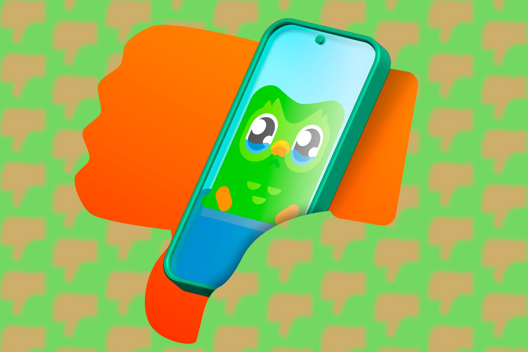 تلفنی با تصویری از Duolingo که از یک نماد انگشت شست بیرون می آید.