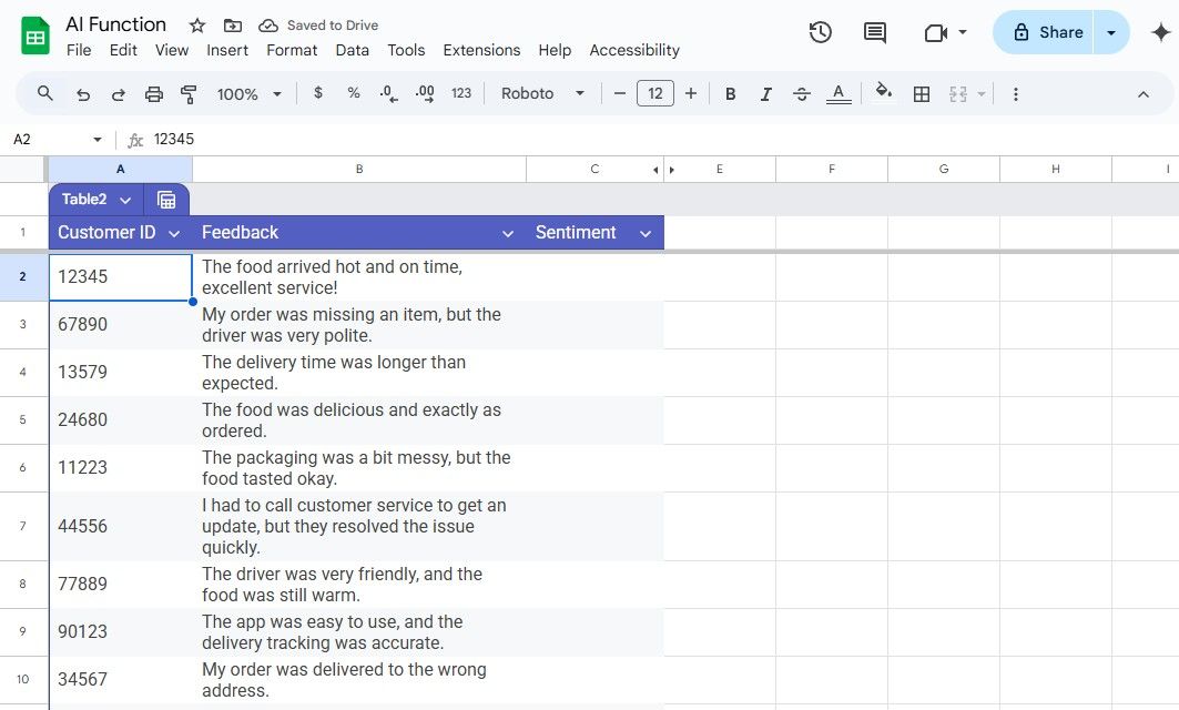 جدول بازخورد مشتری در برگه های Google