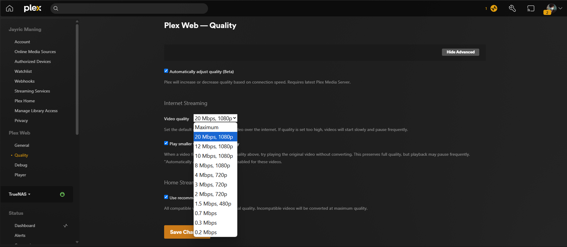 تنظیم کیفیت جریان در سرور رسانه Plex من