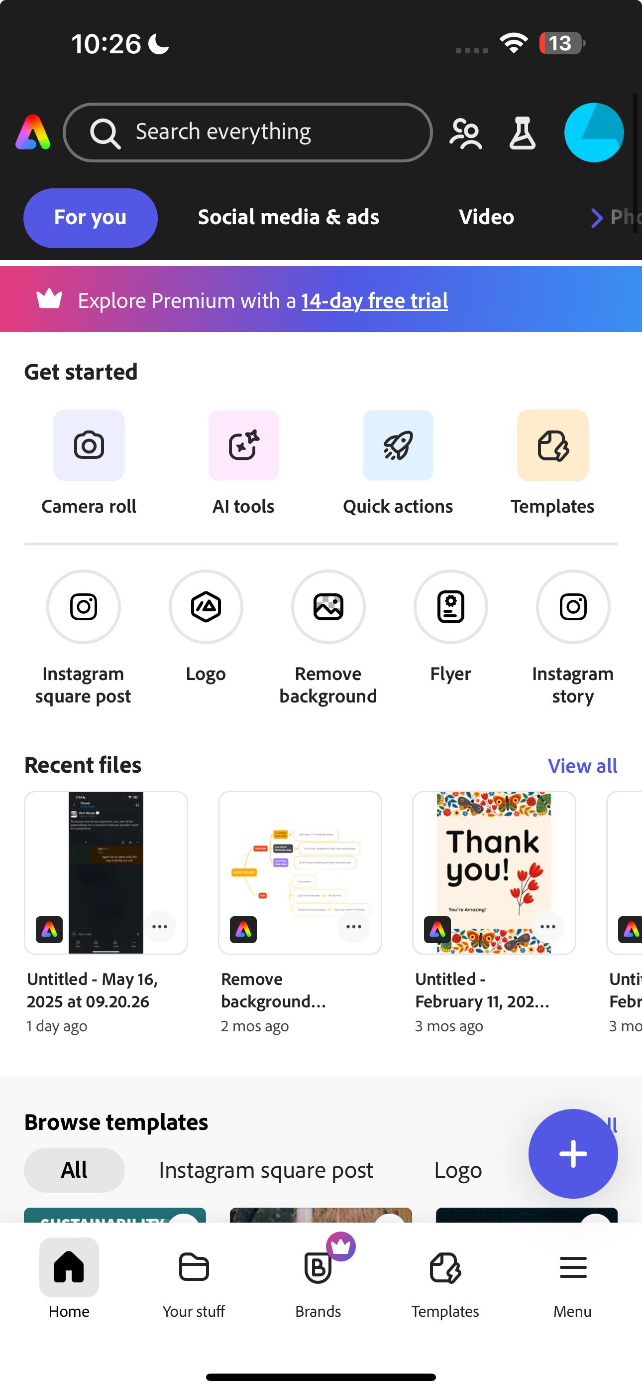 صفحه اصلی Adobe Express iOS