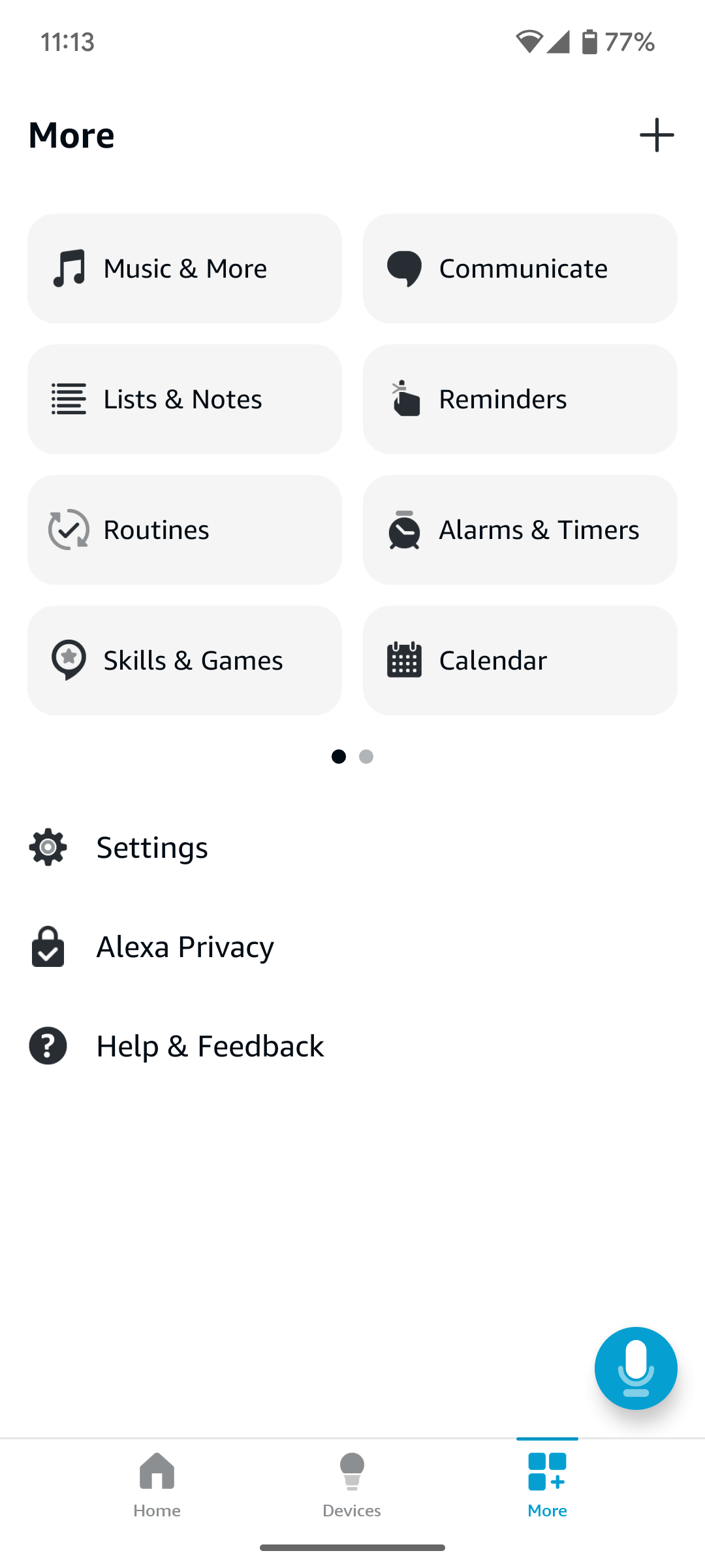 منوی بیشتر در برنامه Alexa