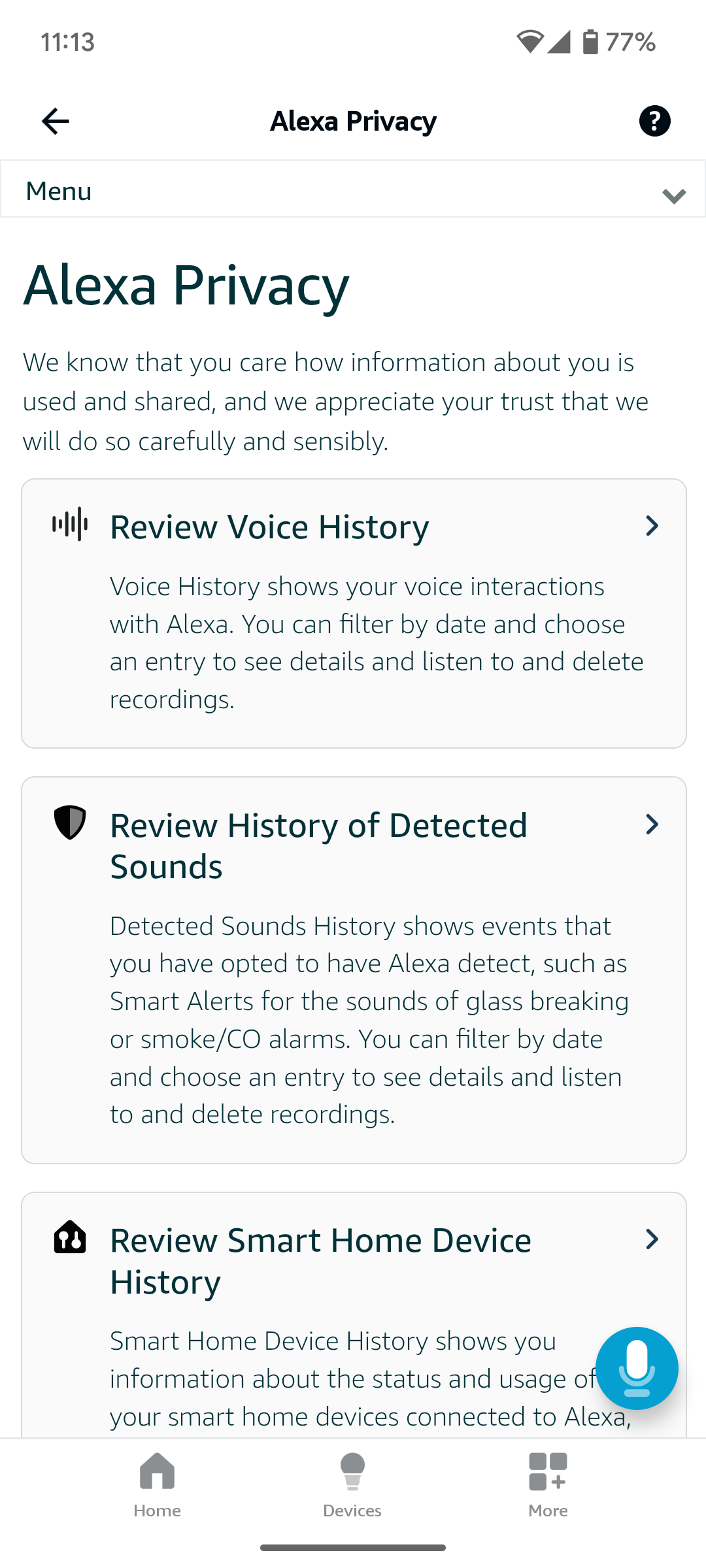 نمای کلی حریم خصوصی در برنامه Alexa