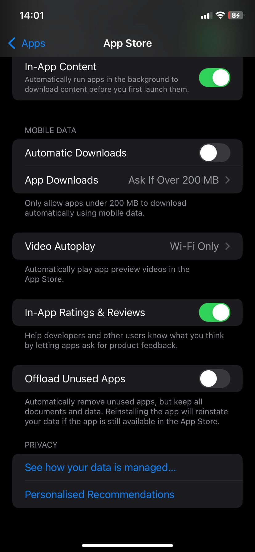 صفحه تنظیمات AppStore